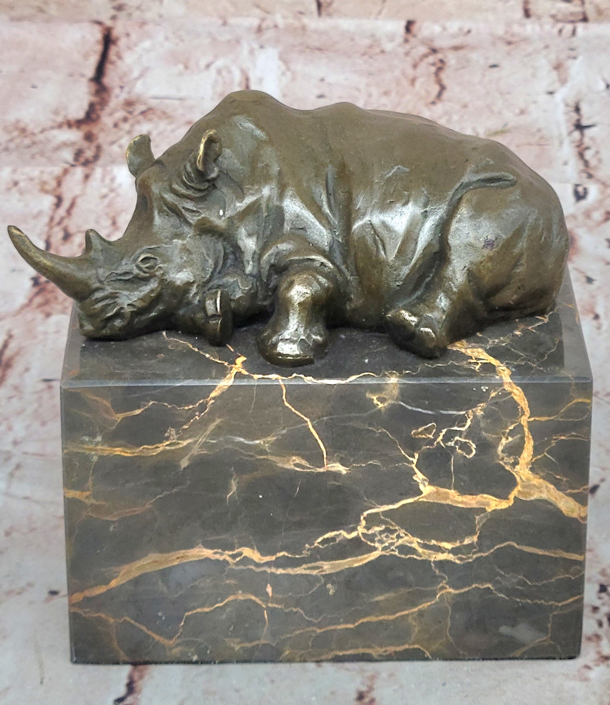 Bronze Sculpture of Rhino Rhinoceros Hot Cast Detailed Marble Base Figure Gift