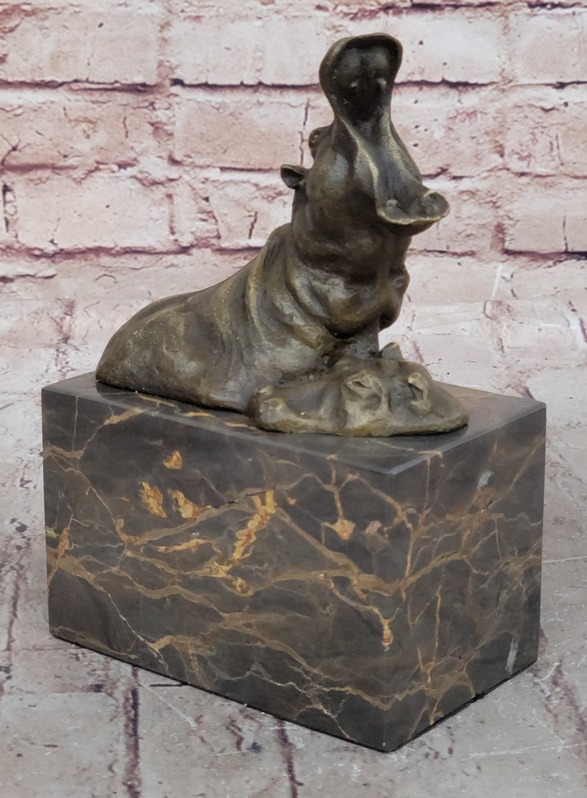 Animal Statue - Happy Hippo - Bronze / Marble Sleeping Hippopotamus