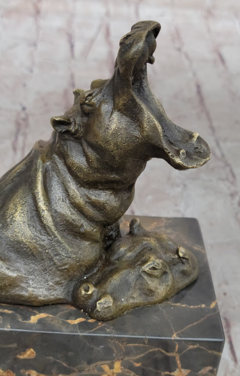 Animal Statue - Happy Hippo - Bronze / Marble Sleeping Hippopotamus