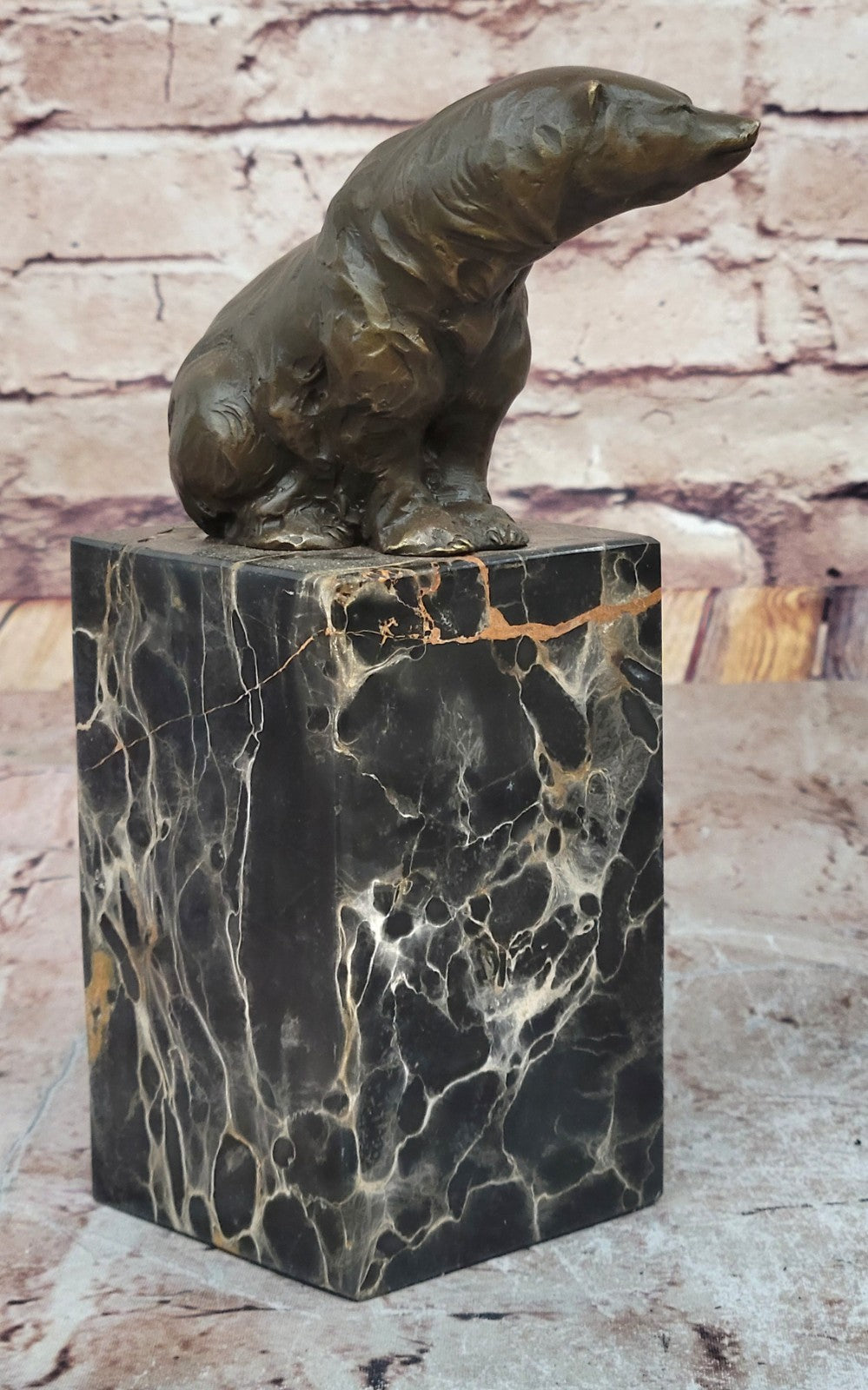 Signed Sitting Polar Bear Bronze Bookend Book End Decor Marble Sculpture Statue