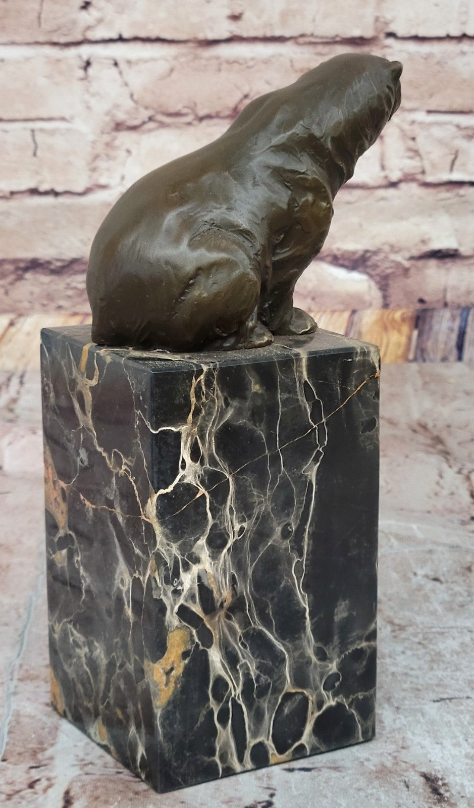 Signed Sitting Polar Bear Bronze Bookend Book End Decor Marble Sculpture Statue