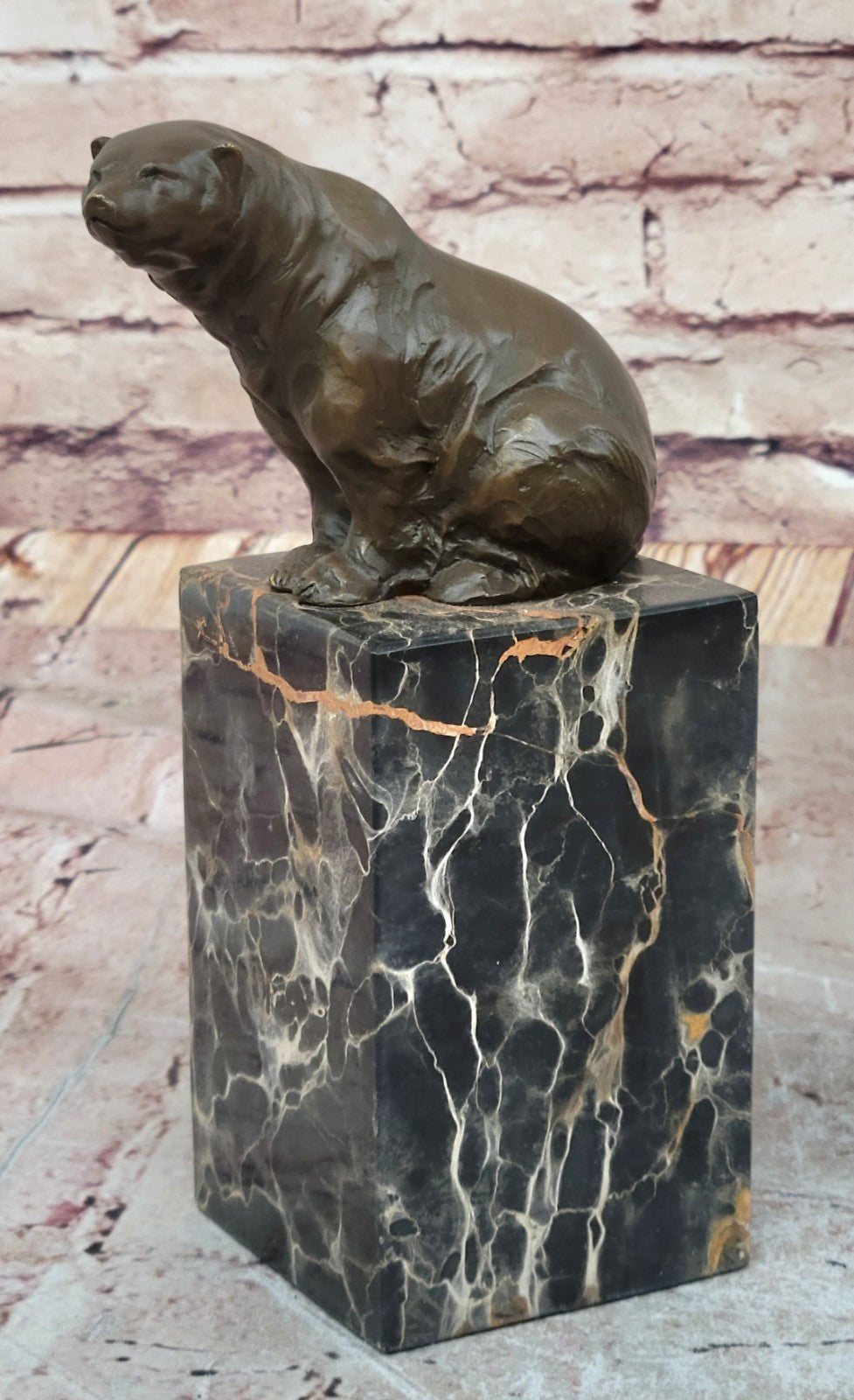 Signed Sitting Polar Bear Bronze Bookend Book End Decor Marble Sculpture Statue