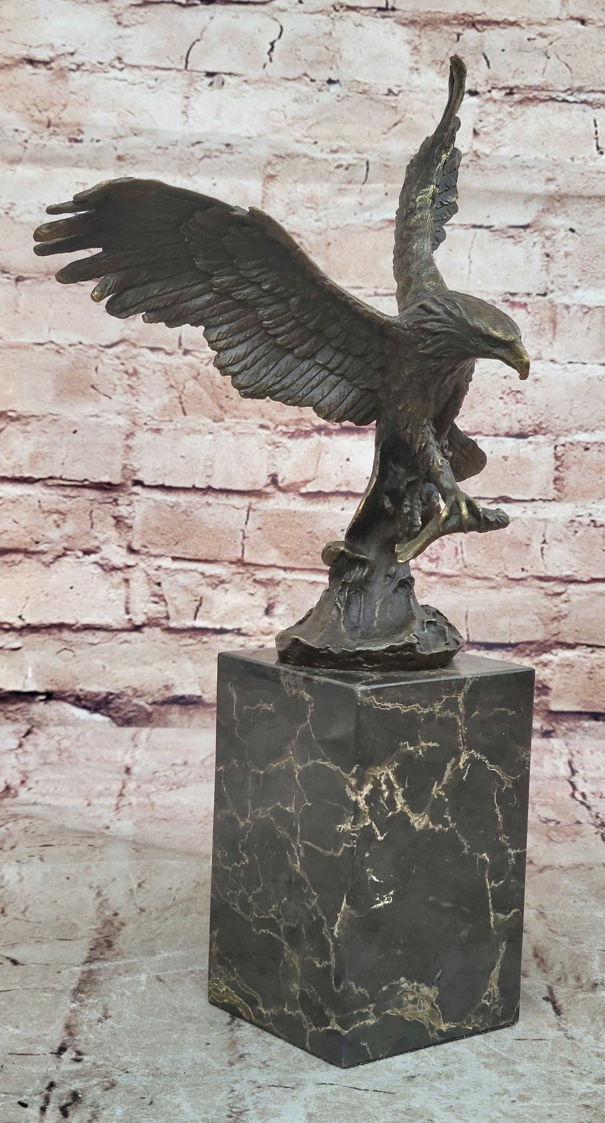 Lake Rights" Bronze Statue of Eagle on Branch with Fish Figurine Marble Base
