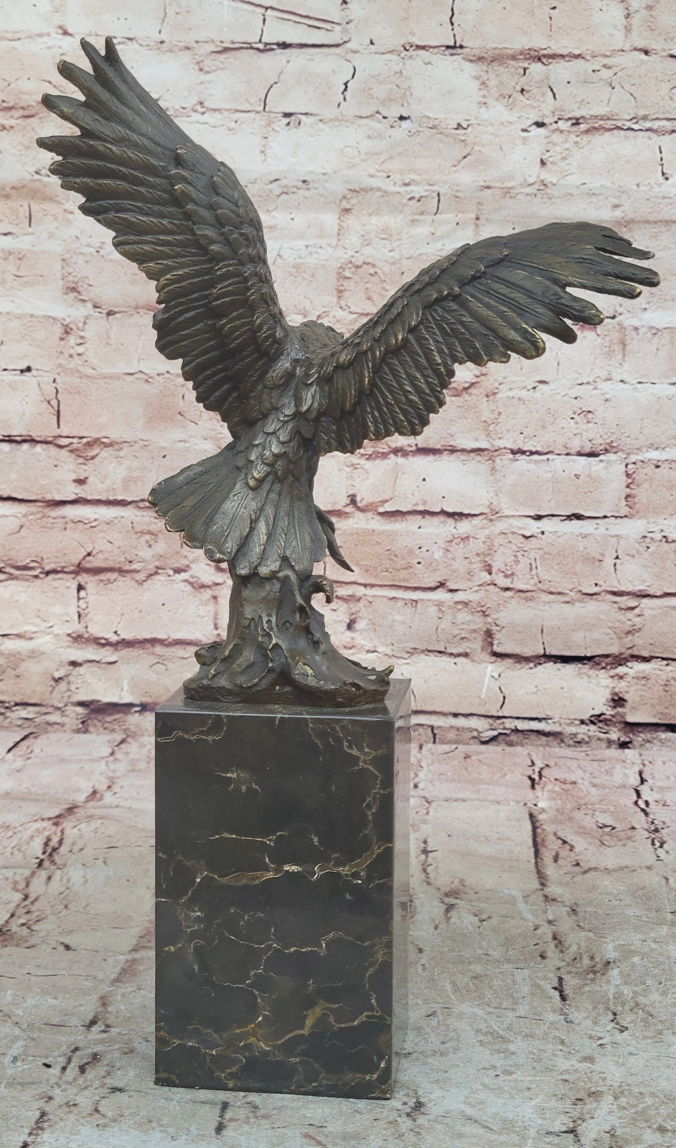 Lake Rights" Bronze Statue of Eagle on Branch with Fish Figurine Marble Base