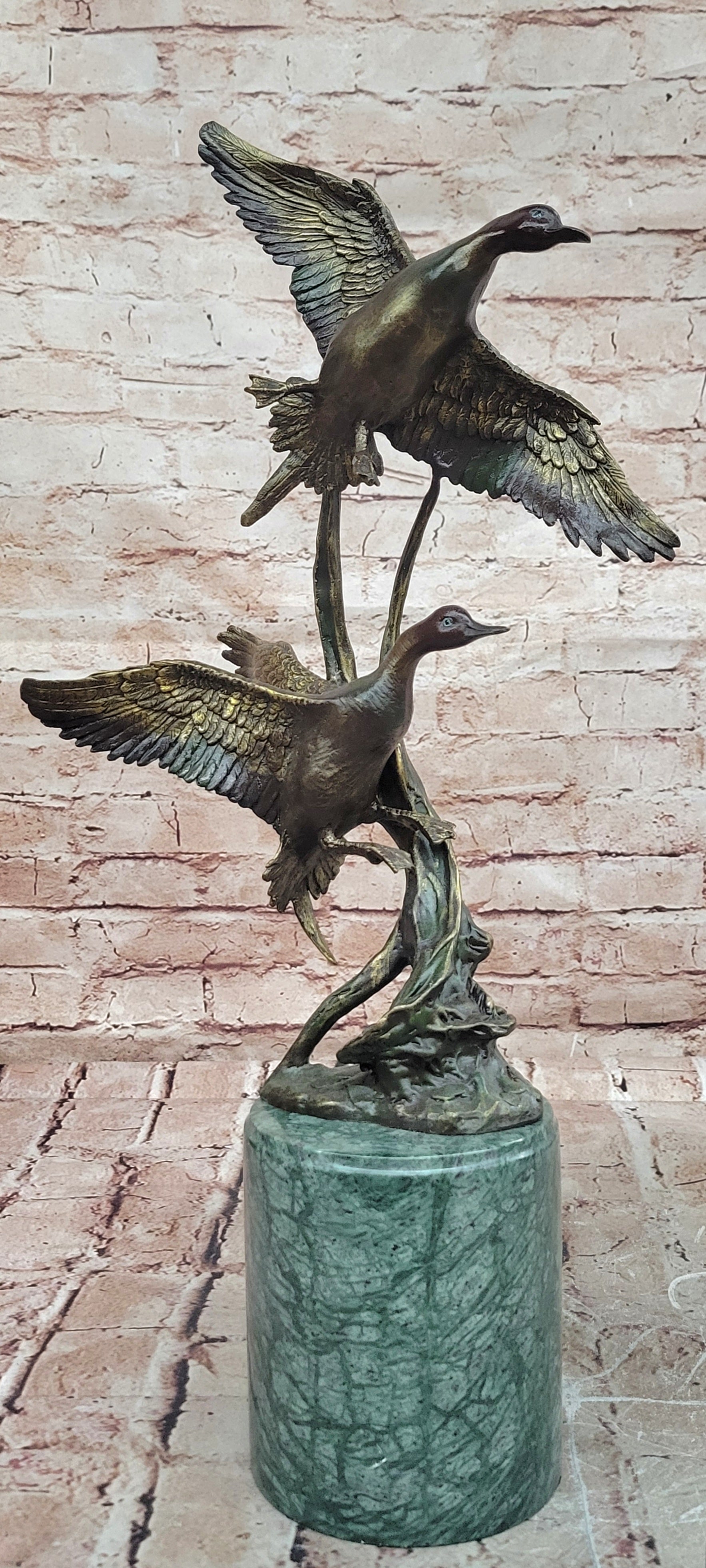 Duck Family Bronze Statue Signed Hot Cast Marble Base Fine Art Collectible