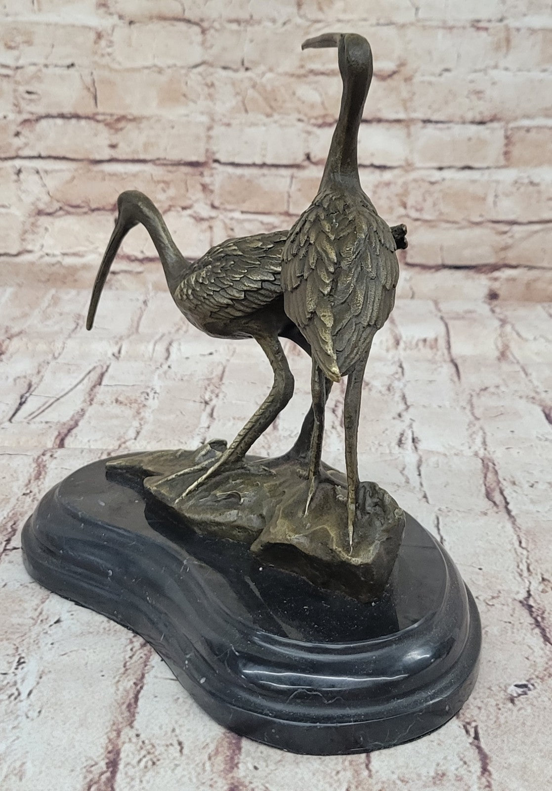 Art Deco Hand Made Two Cranes birds Wildlife Bronze sculpture Lost wax Method