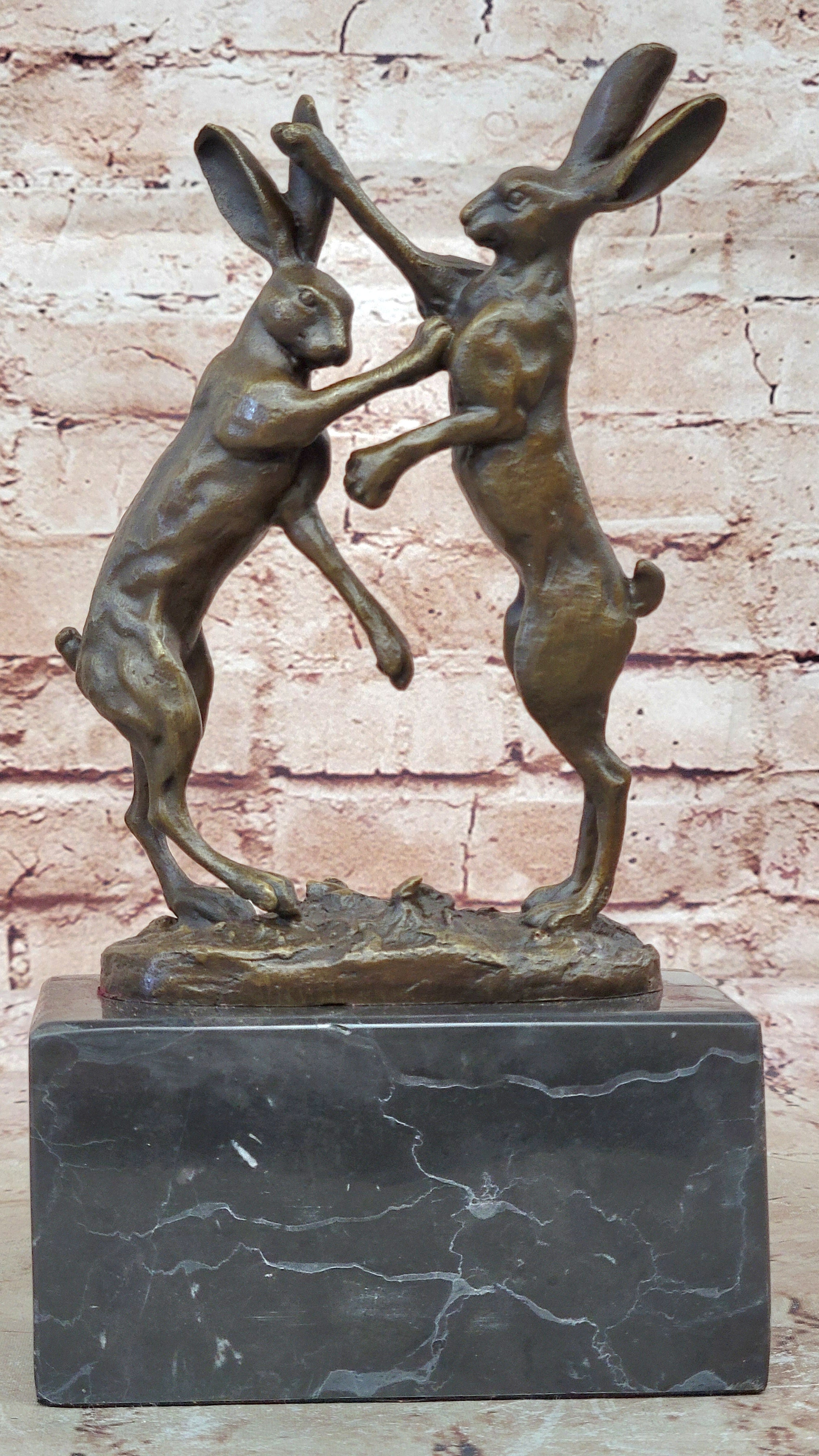 Art Deco Championship between Two Hare Bronze Sculpture Marble Statue Figurine