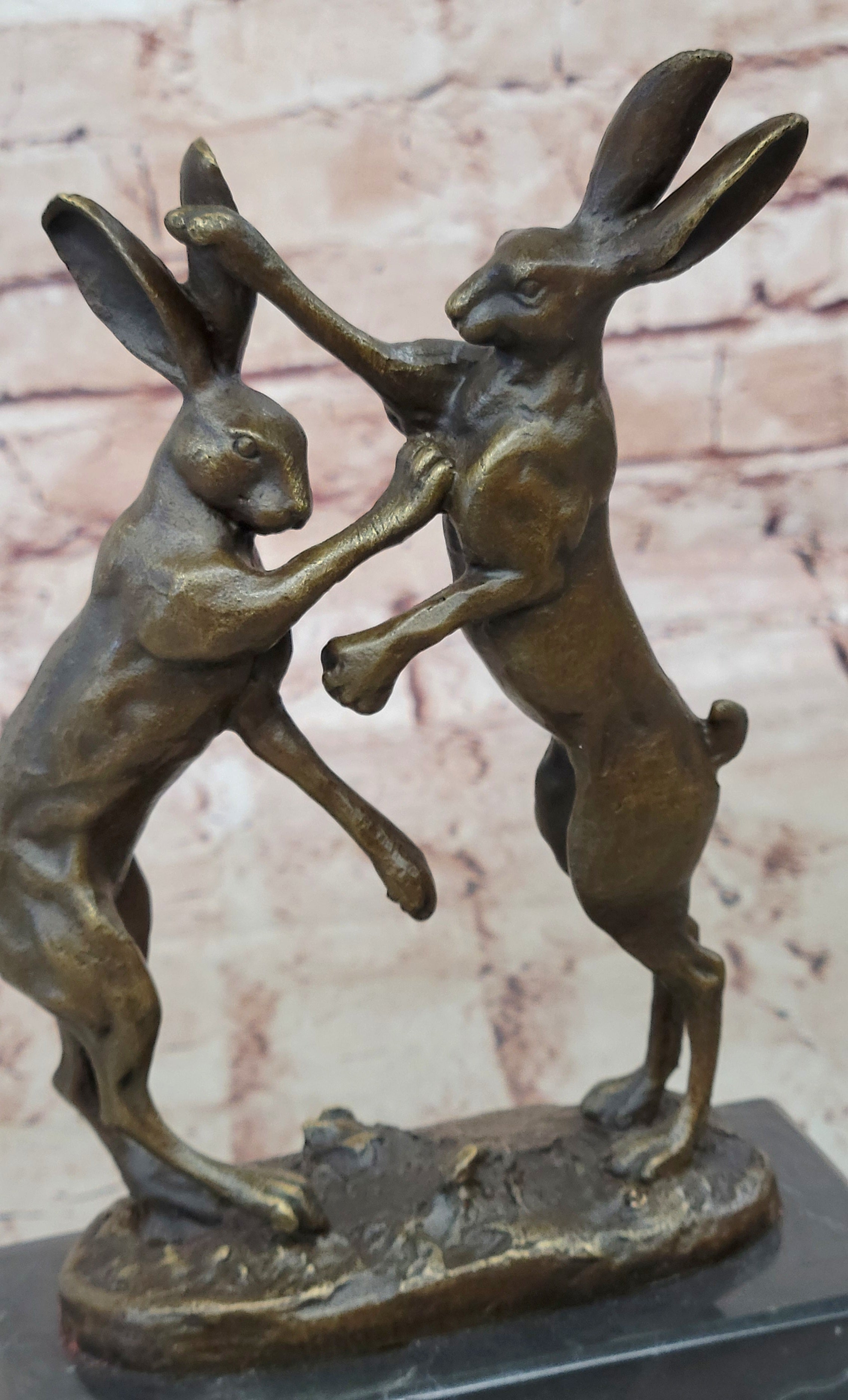 Art Deco Championship between Two Hare Bronze Sculpture Marble Statue Figurine