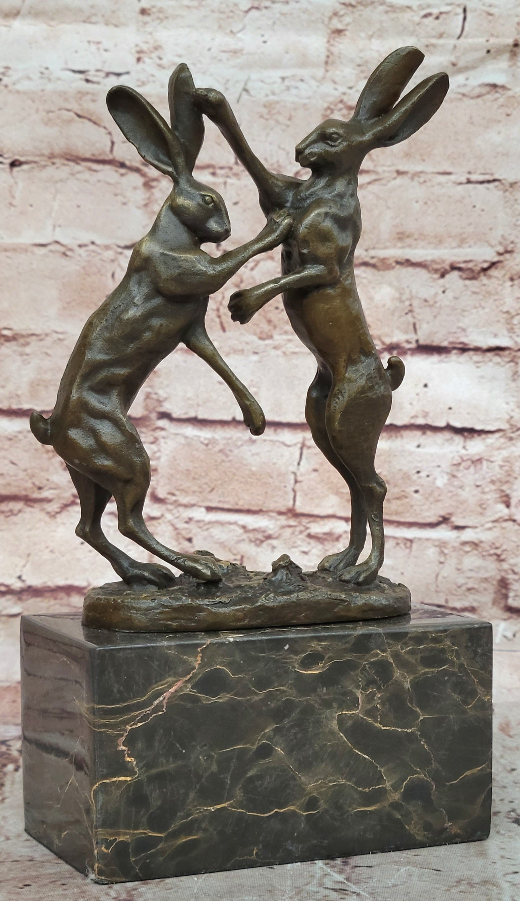 Art Deco Championship between Two Hare Bronze Sculpture Marble Statue Figurine