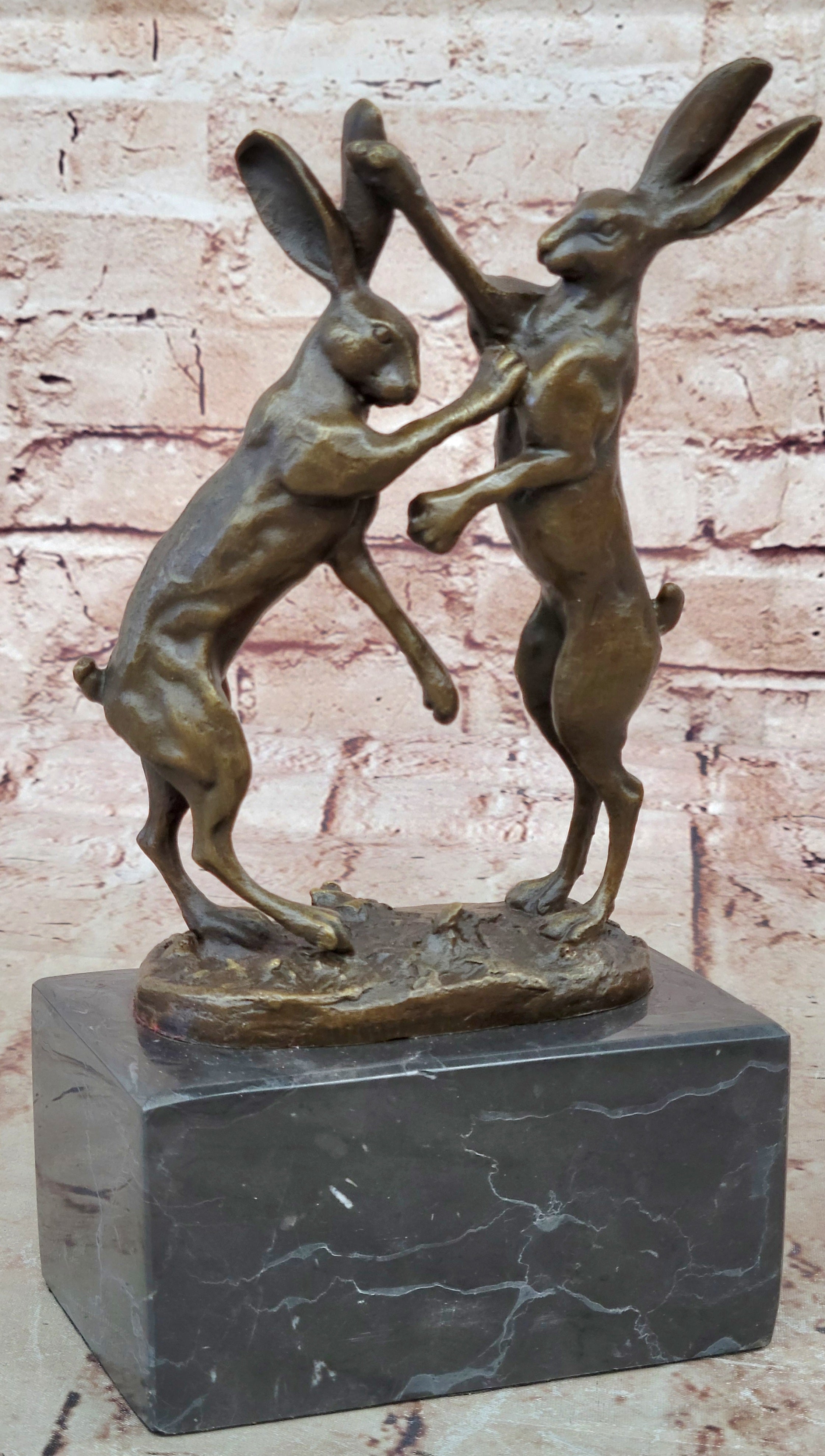 Art Deco Championship between Two Hare Bronze Sculpture Marble Statue Figurine
