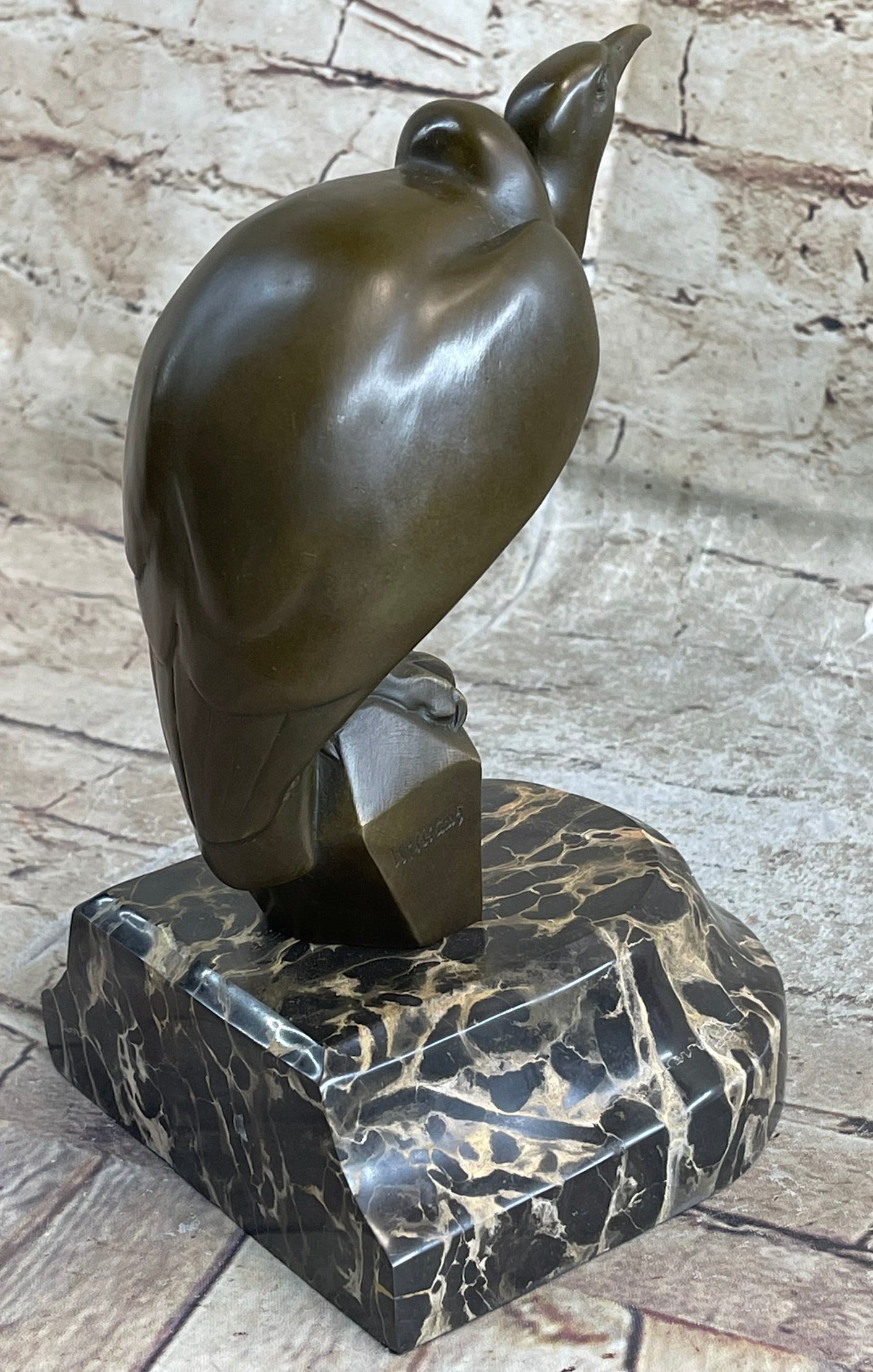 Bronze Sculpture Baby Vultures Bird Hot Cast on a Beige Marble Base Figure Gift