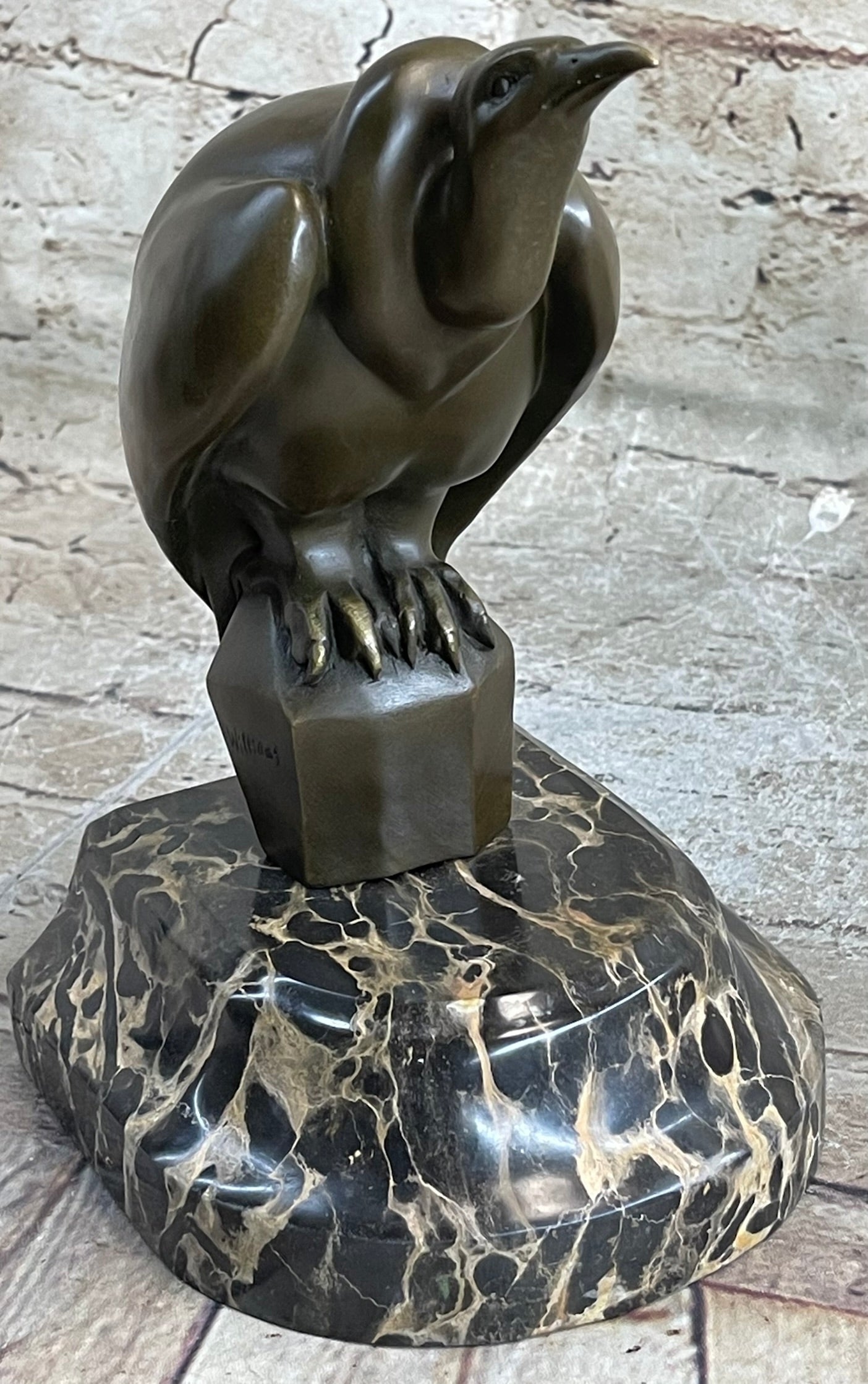 Bronze Sculpture Baby Vultures Bird Hot Cast on a Beige Marble Base Figure Gift