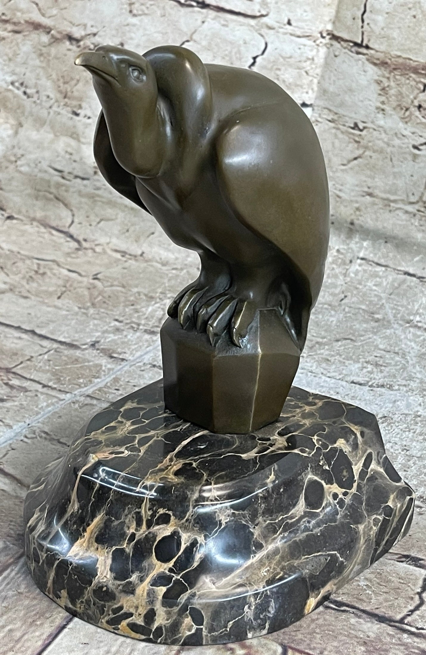 Bronze Sculpture Baby Vultures Bird Hot Cast on a Beige Marble Base Figure Gift