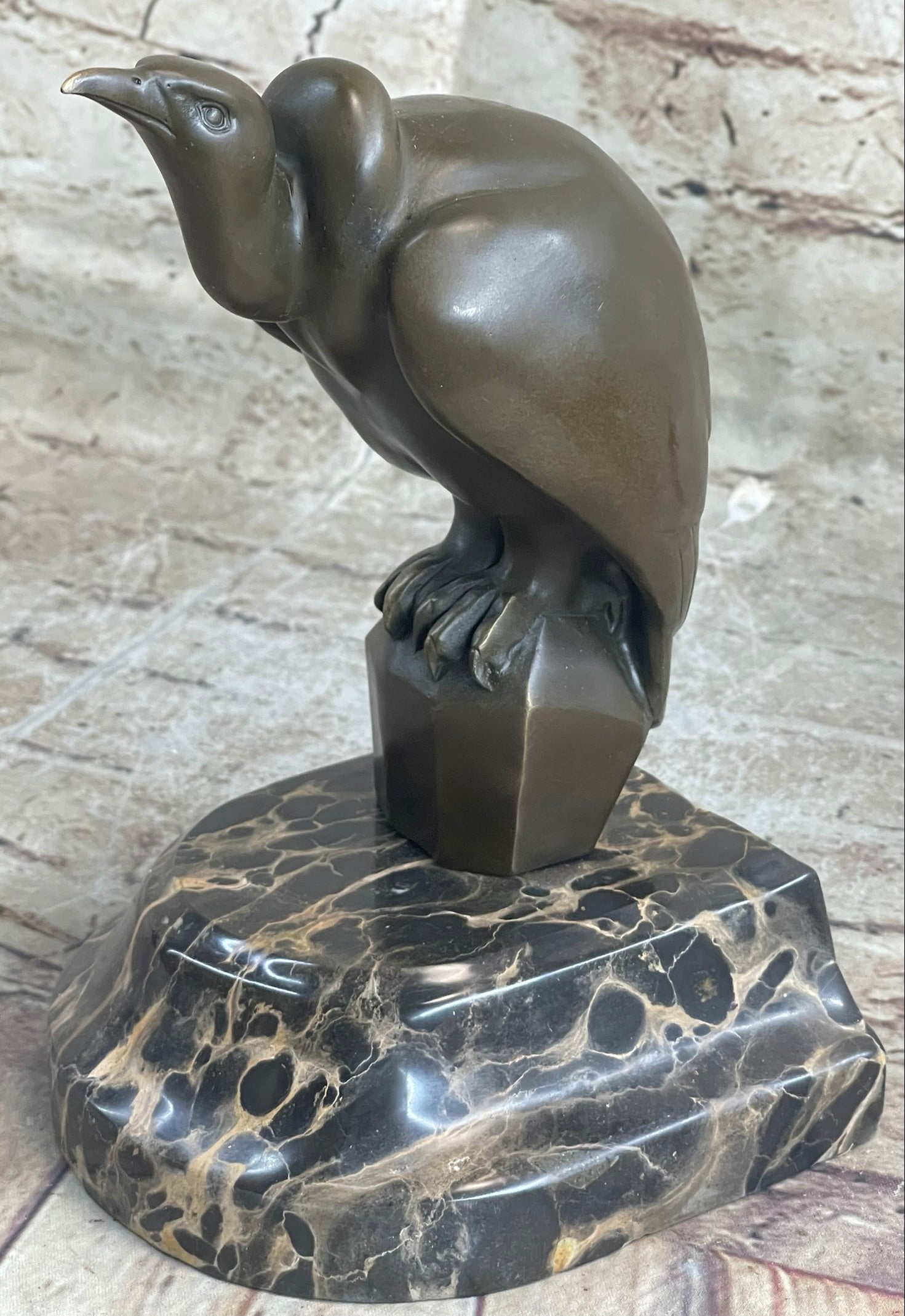 Bronze Sculpture Baby Vultures Bird Hot Cast on a Beige Marble Base Figure Gift