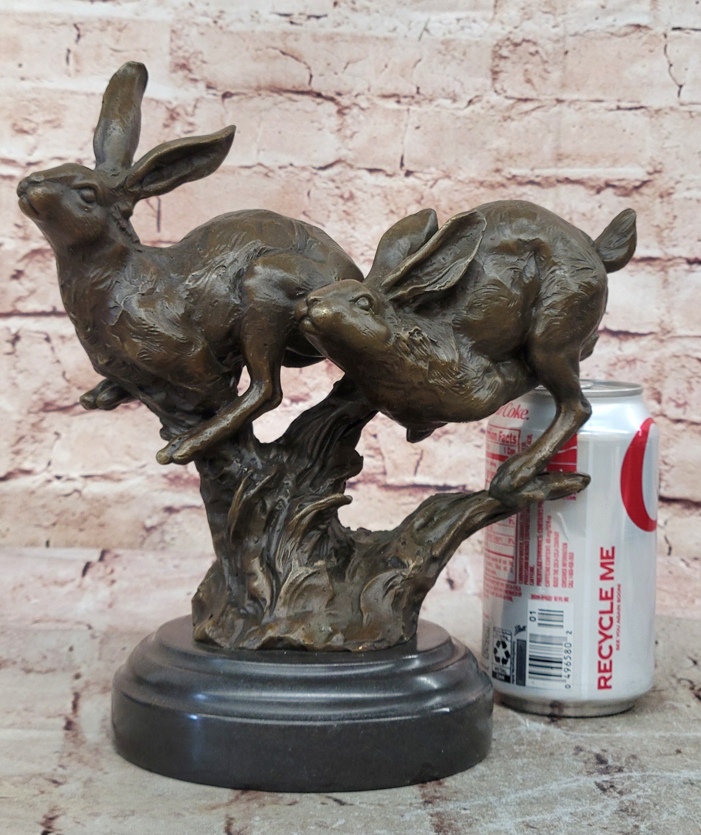 Two European Hare Eastern Jackrabbit Bronze Marble Base Sculpture Statue Decor