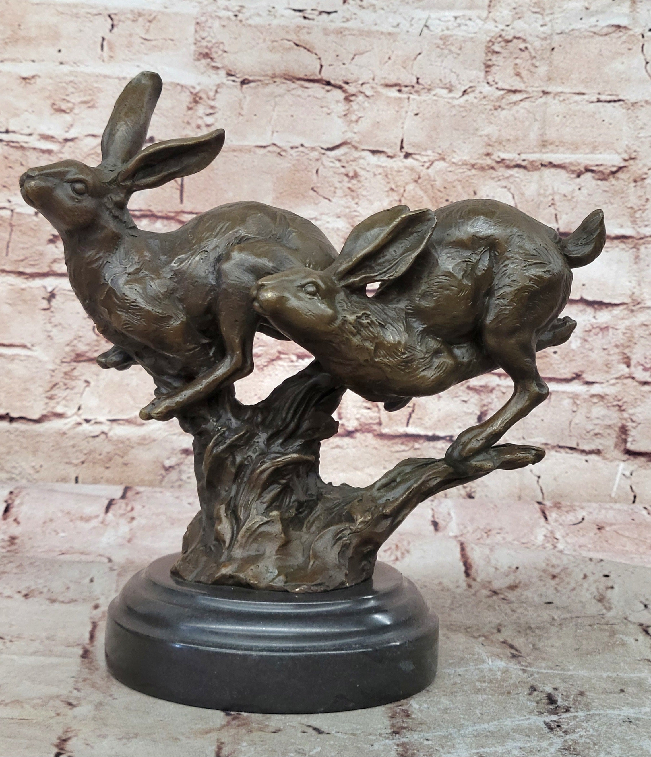 Two European Hare Eastern Jackrabbit Bronze Marble Base Sculpture Statue Decor