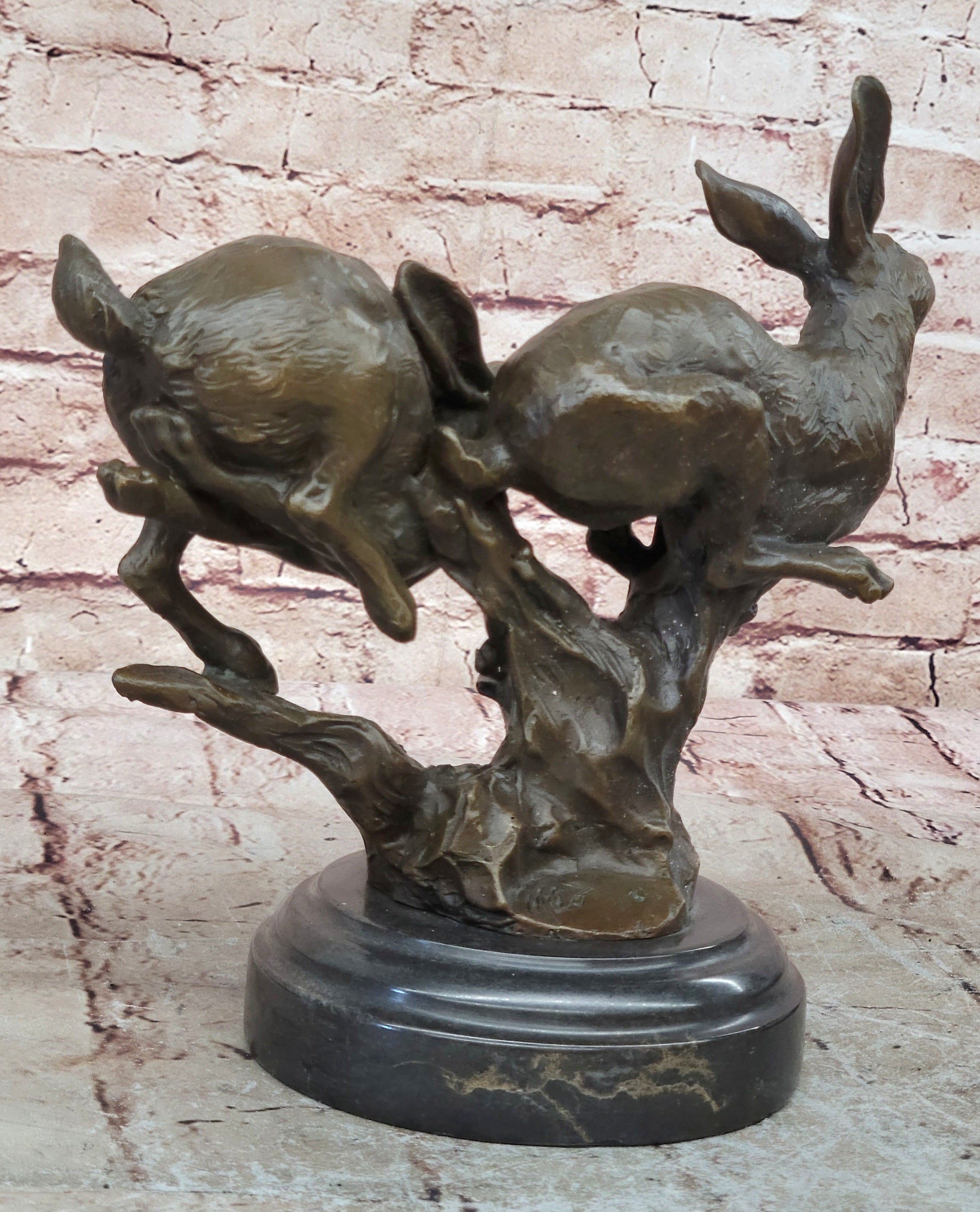 Two European Hare Eastern Jackrabbit Bronze Marble Base Sculpture Statue Decor