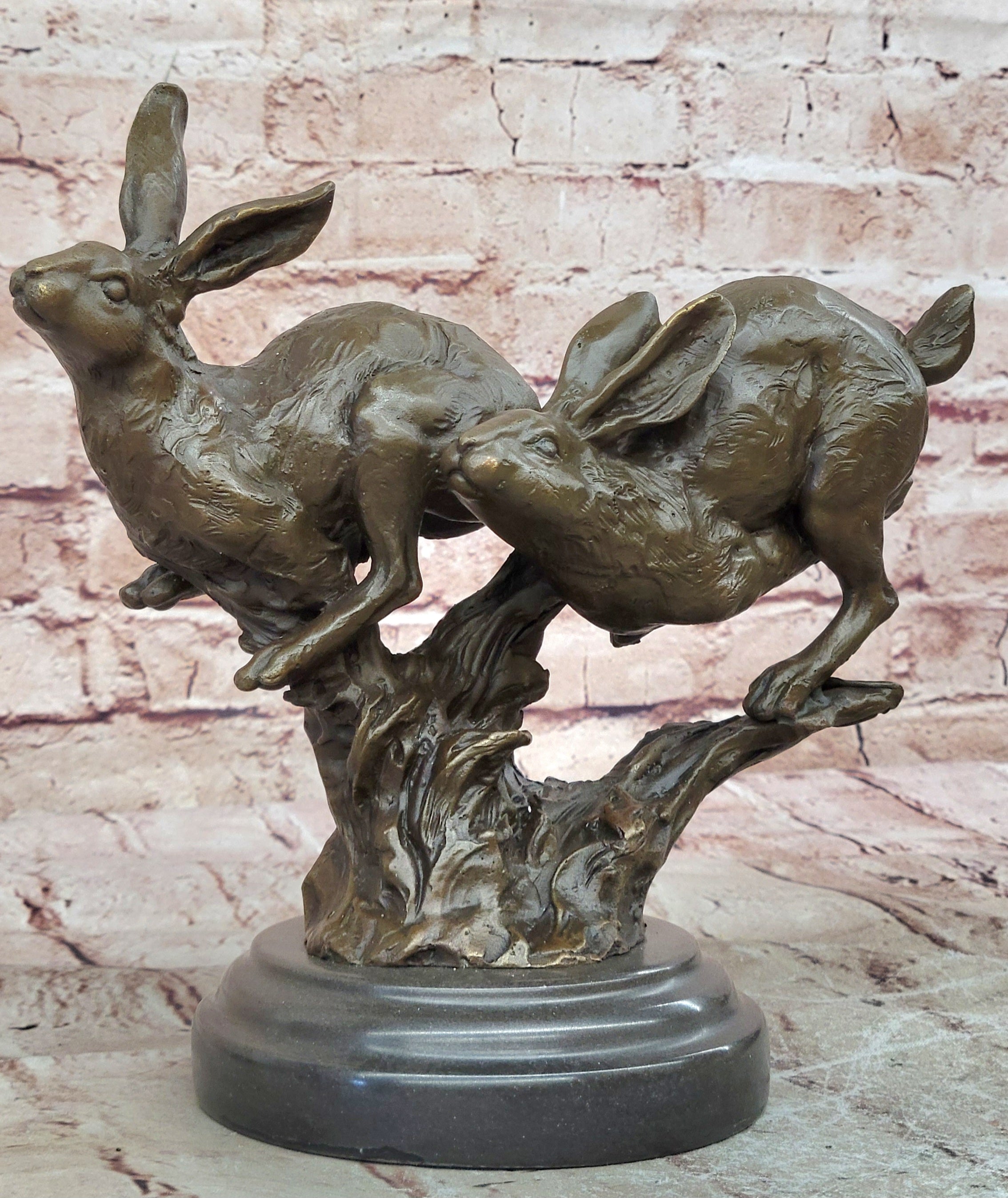 Two European Hare Eastern Jackrabbit Bronze Marble Base Sculpture Statue Decor