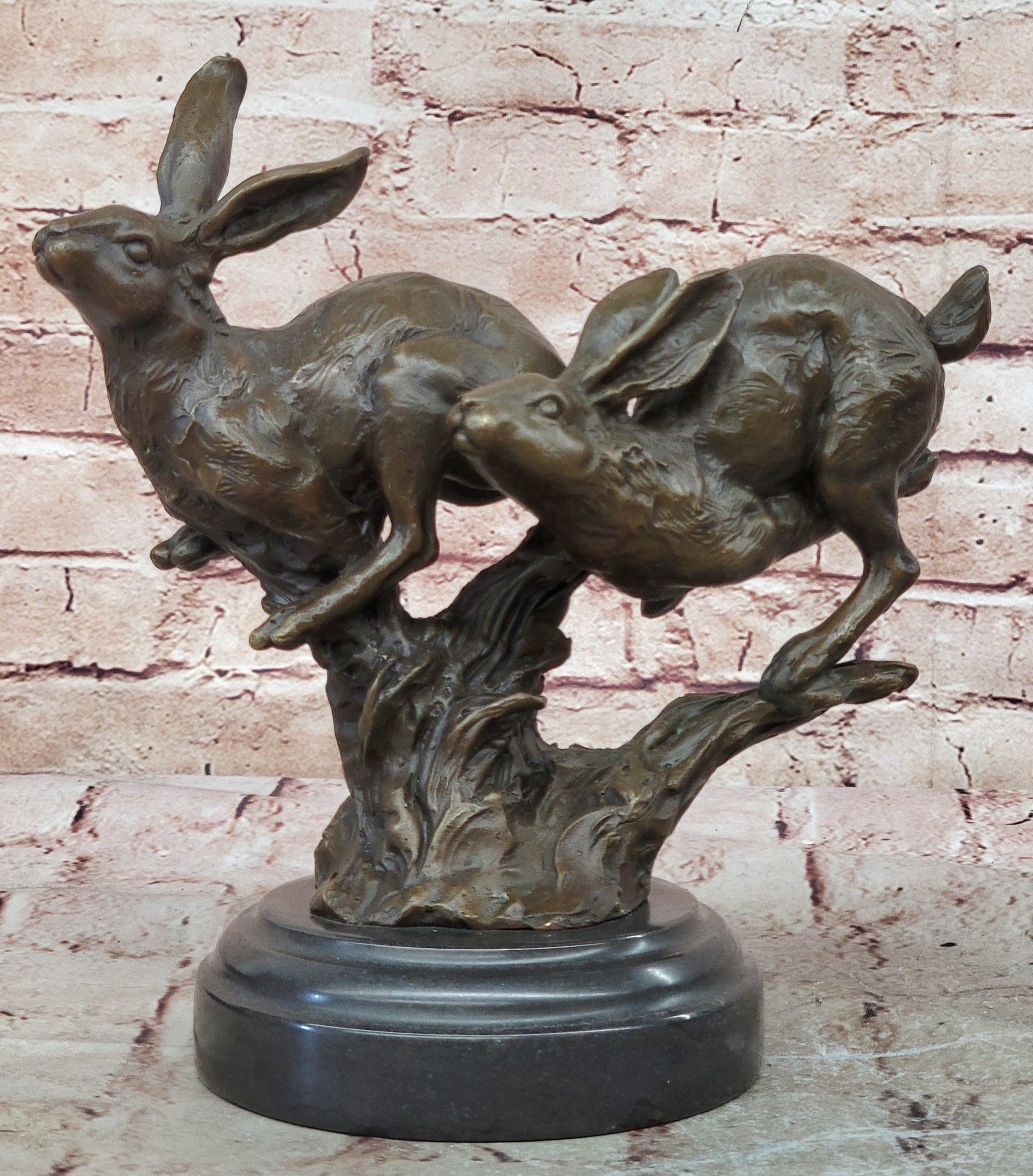 Two European Hare Eastern Jackrabbit Bronze Marble Base Sculpture Statue Decor