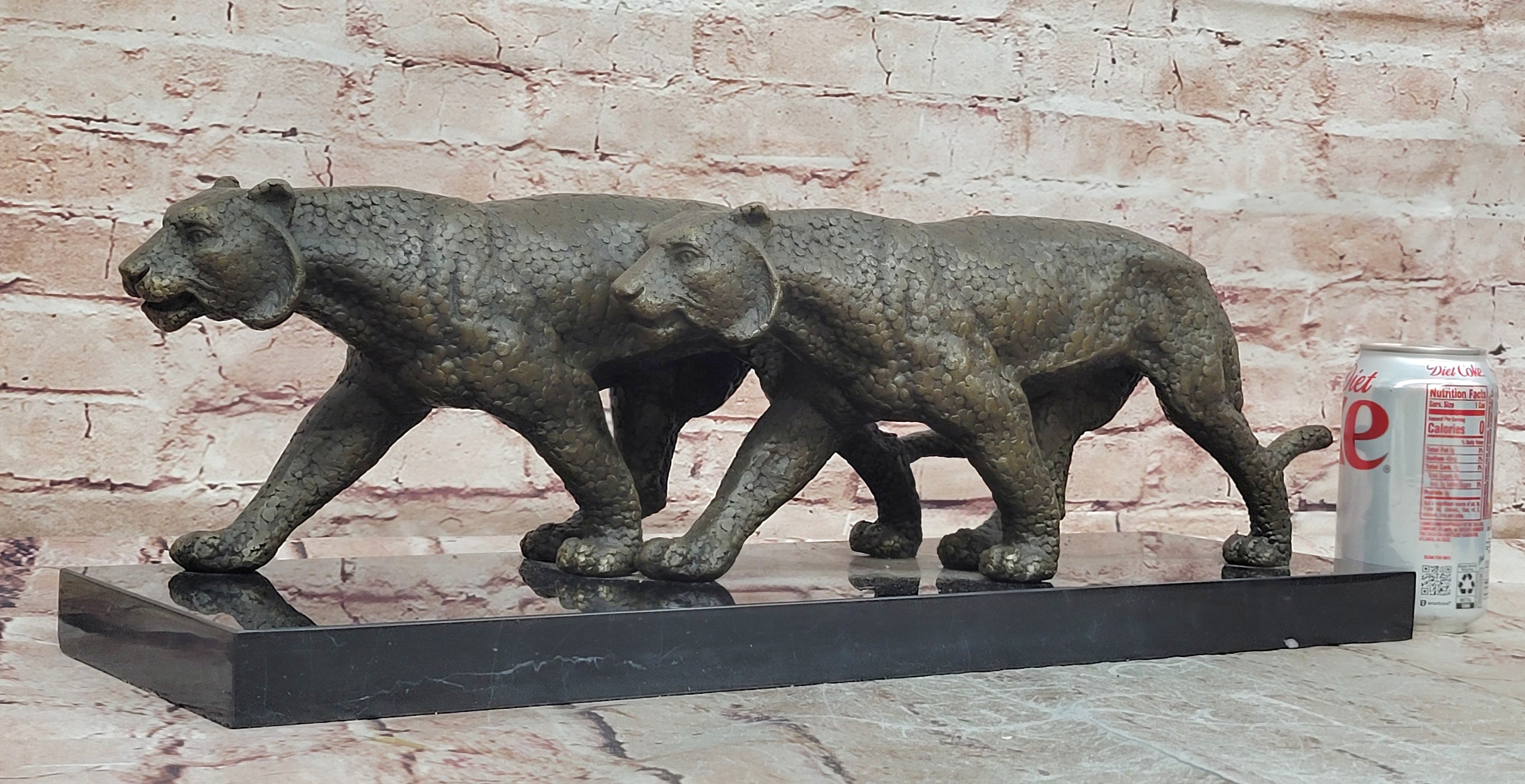 Signed Barye Bronze Panther Duo Sculpture Powerful Executive Display
