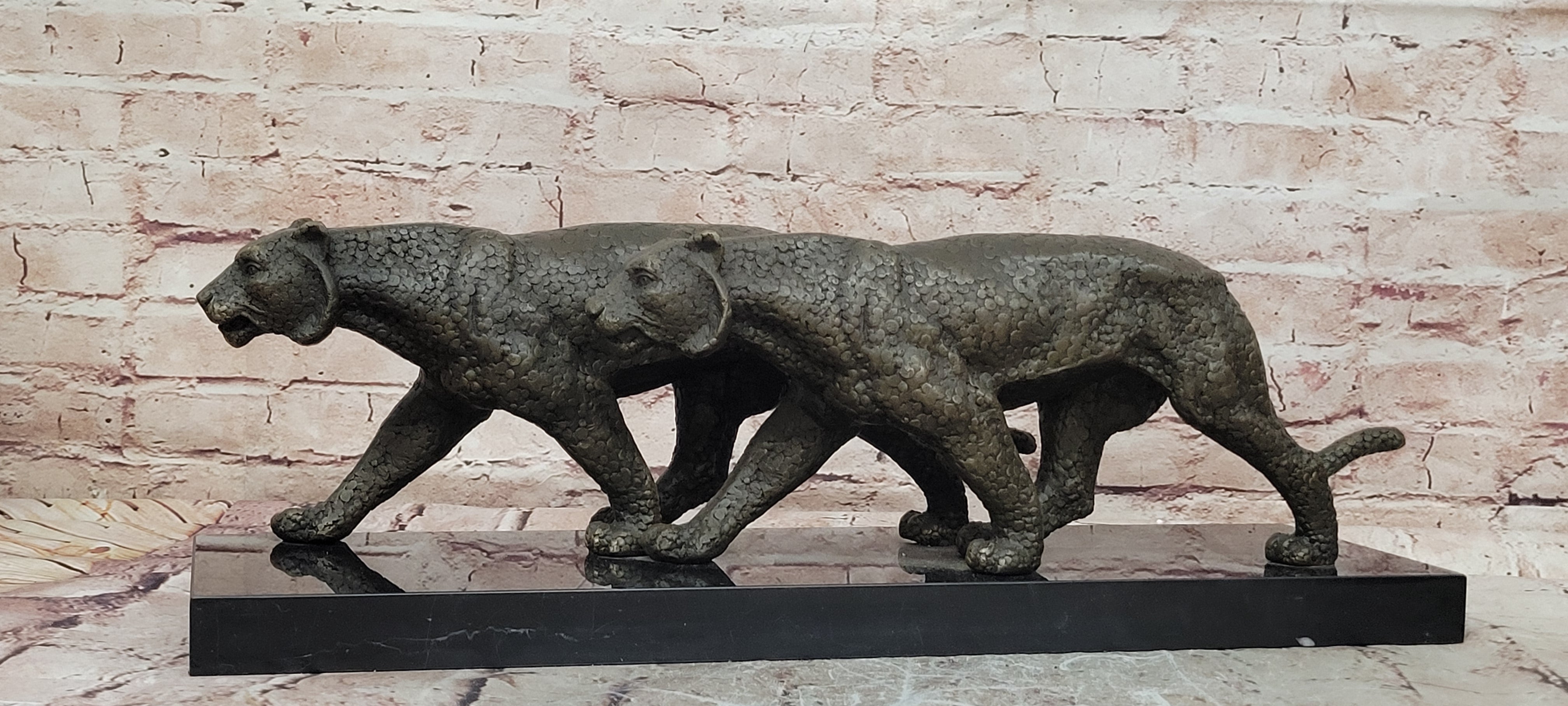 Signed Barye Bronze Panther Duo Sculpture Powerful Executive Display