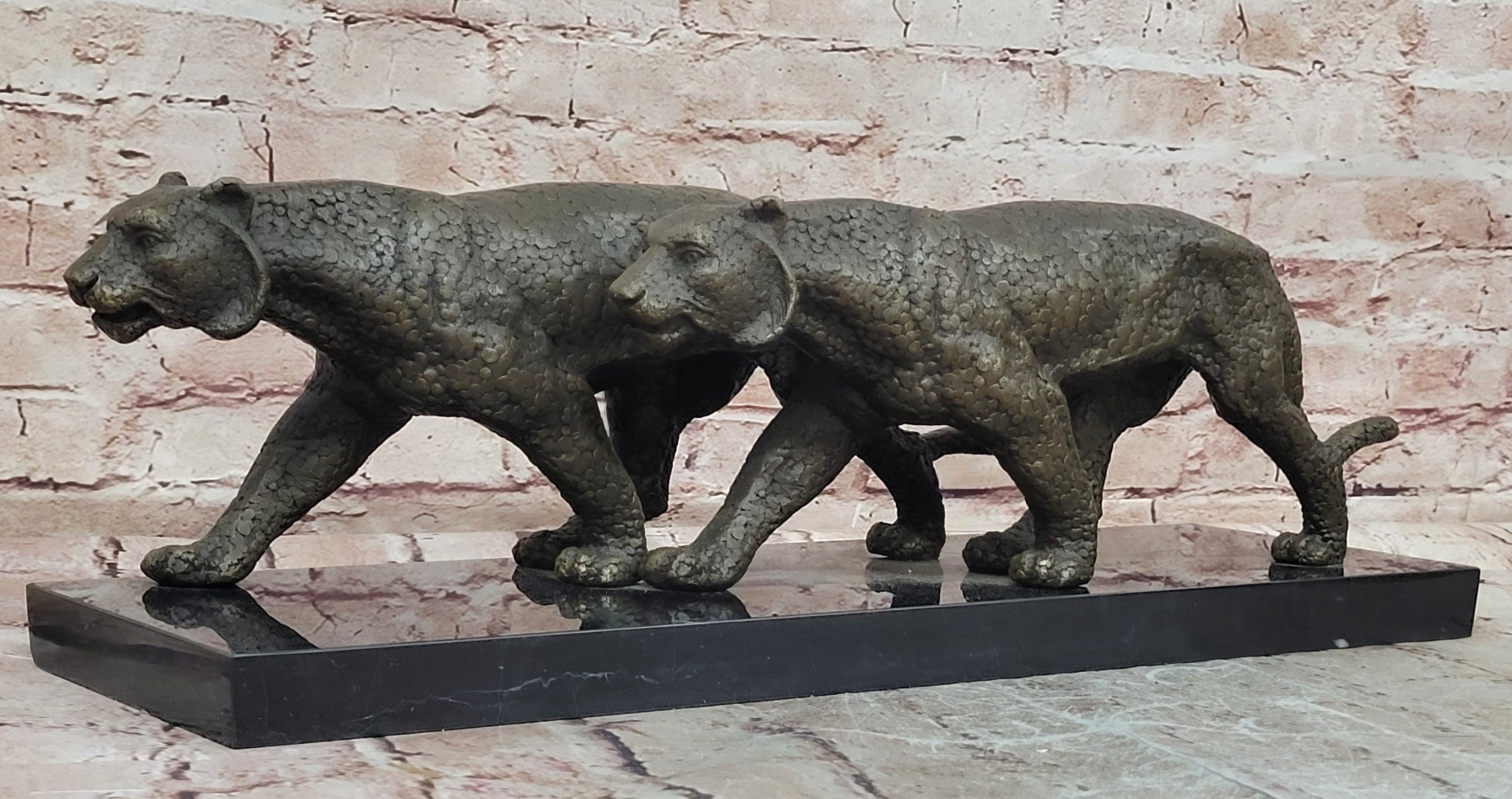 Signed Barye Bronze Panther Duo Sculpture Powerful Executive Display