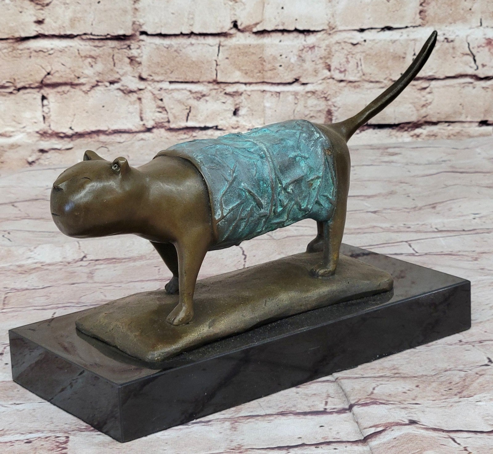 Botero Inspired Bronze Cat Sculpture with Exclusive Patina Finish Art