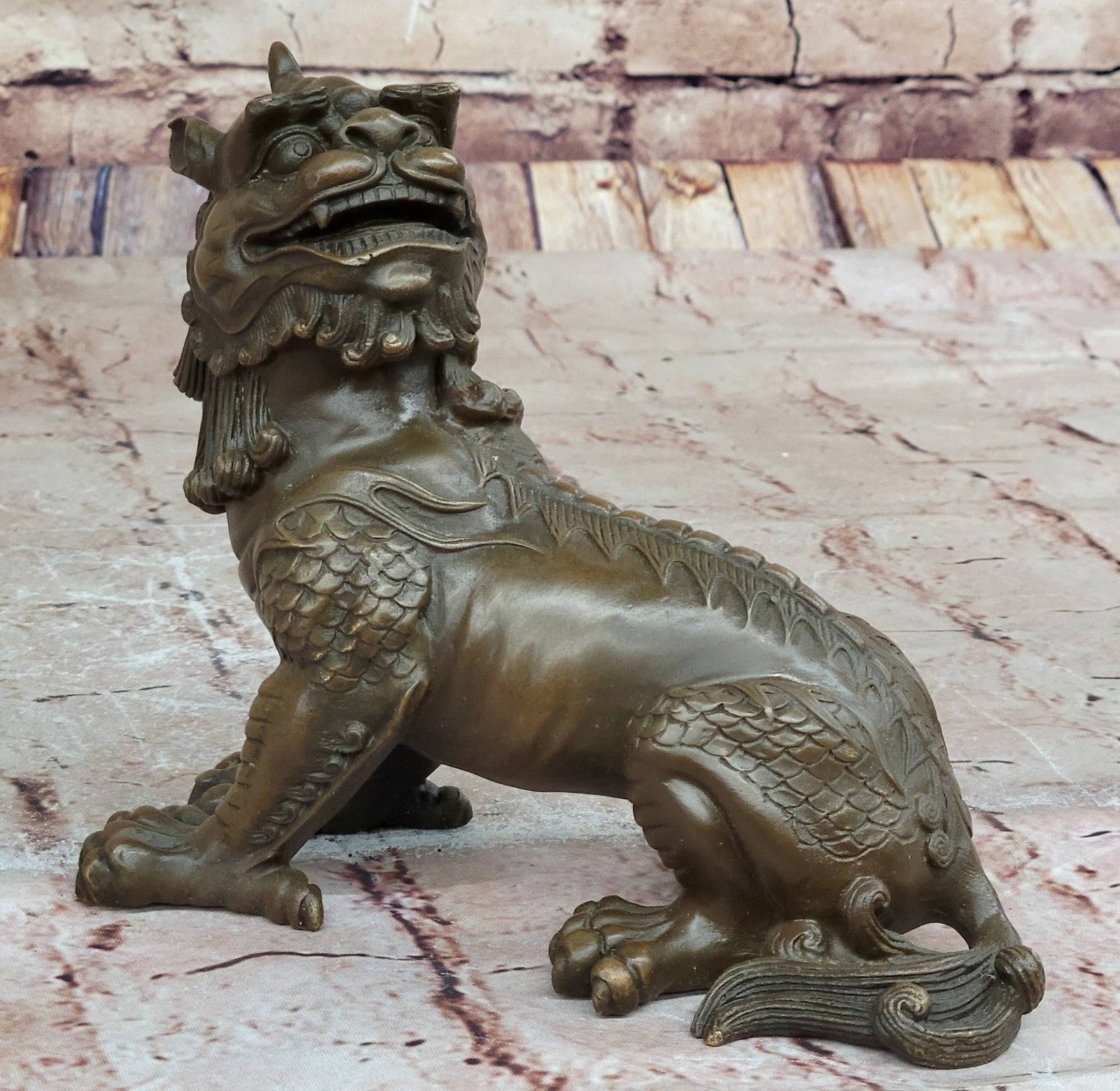Exquisite Chinese Bronze Auspicious Lion Foo Dog Statue Signed Art