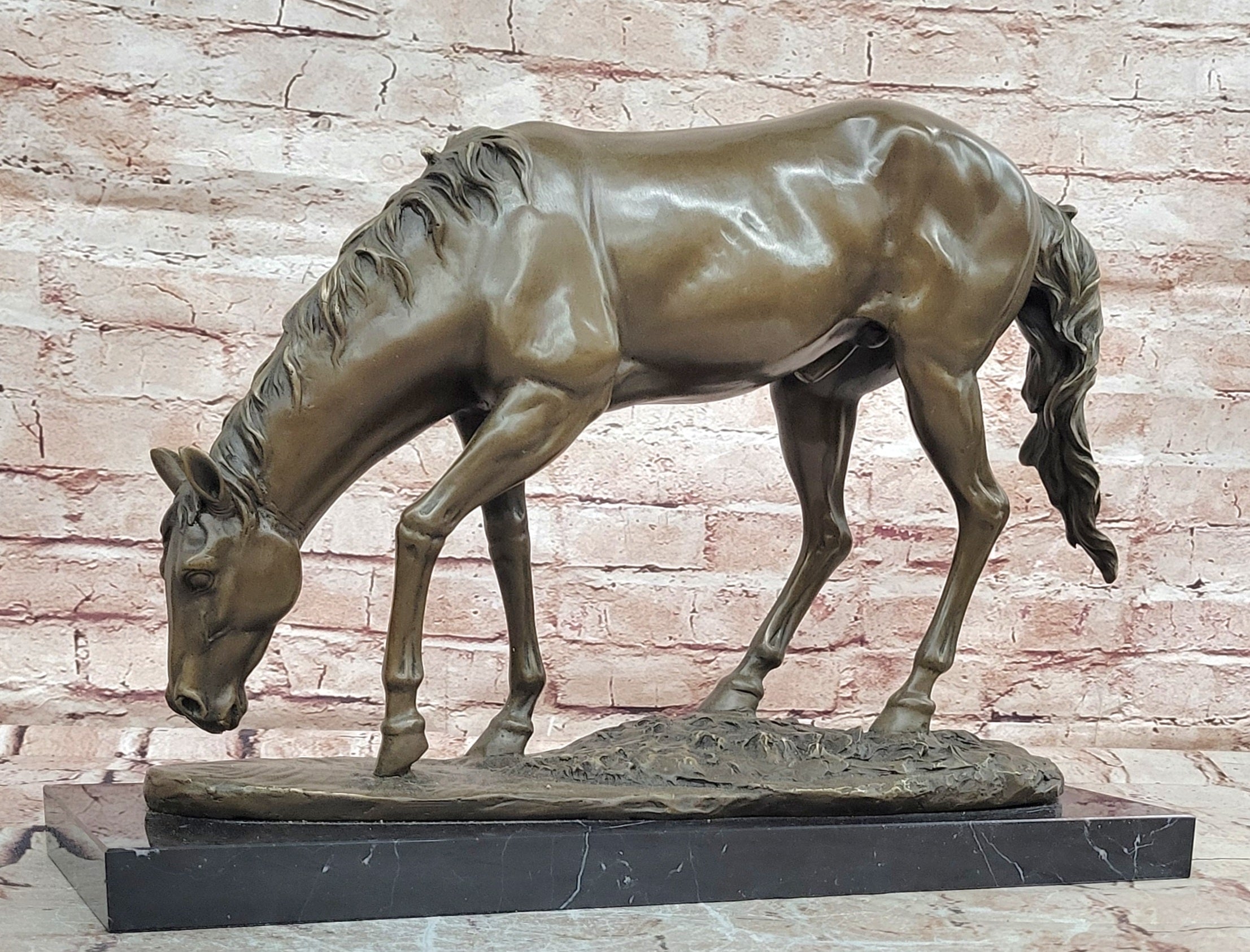 Majestic Bronze Standing Horse Statue Marble Pedestal Collectible Art