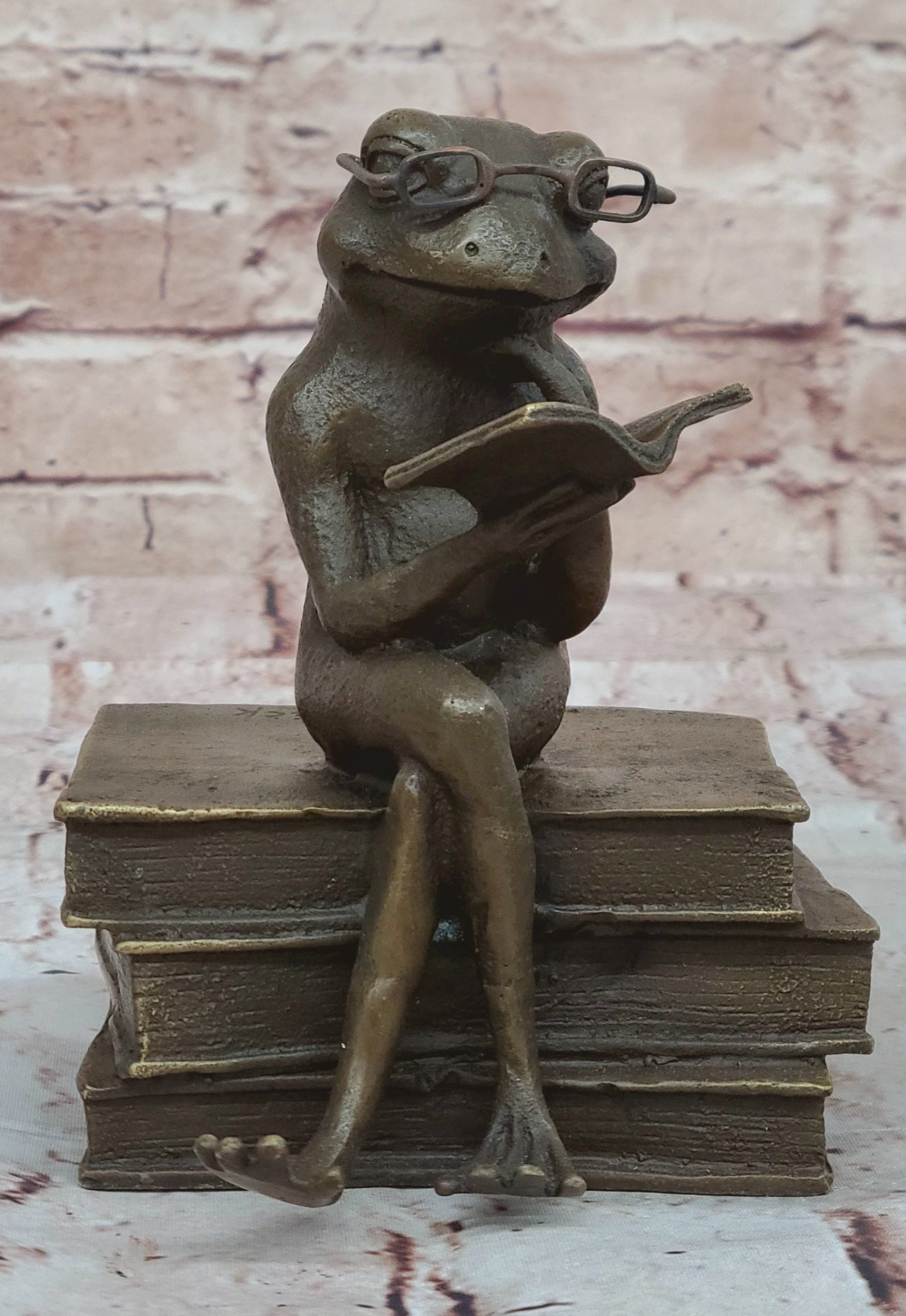 Bronze Frog on Stack of Books Reading a Book ~ Fantastic Patina ~ Frog Collectors