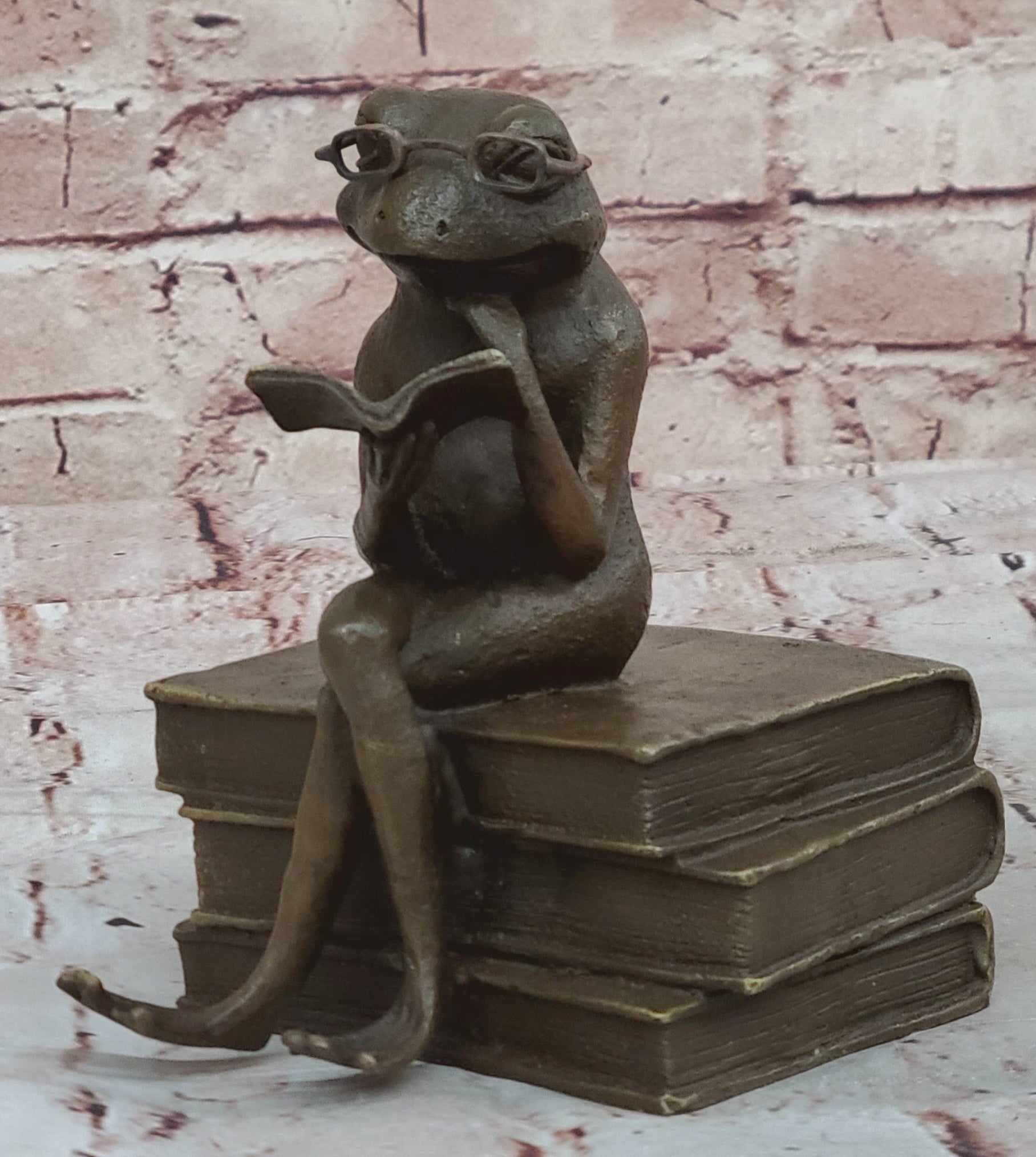 Bronze Frog on Stack of Books Reading a Book ~ Fantastic Patina ~ Frog Collectors