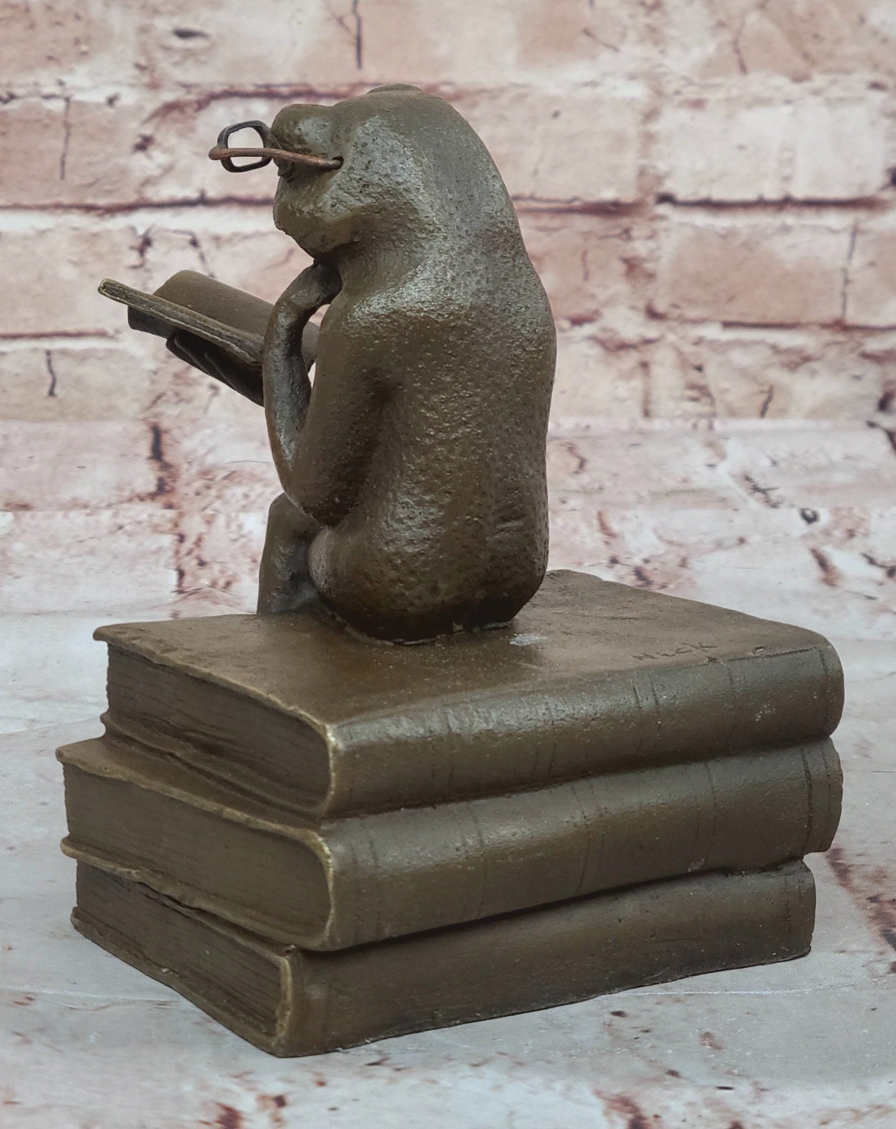 Bronze Frog on Stack of Books Reading a Book ~ Fantastic Patina ~ Frog Collectors