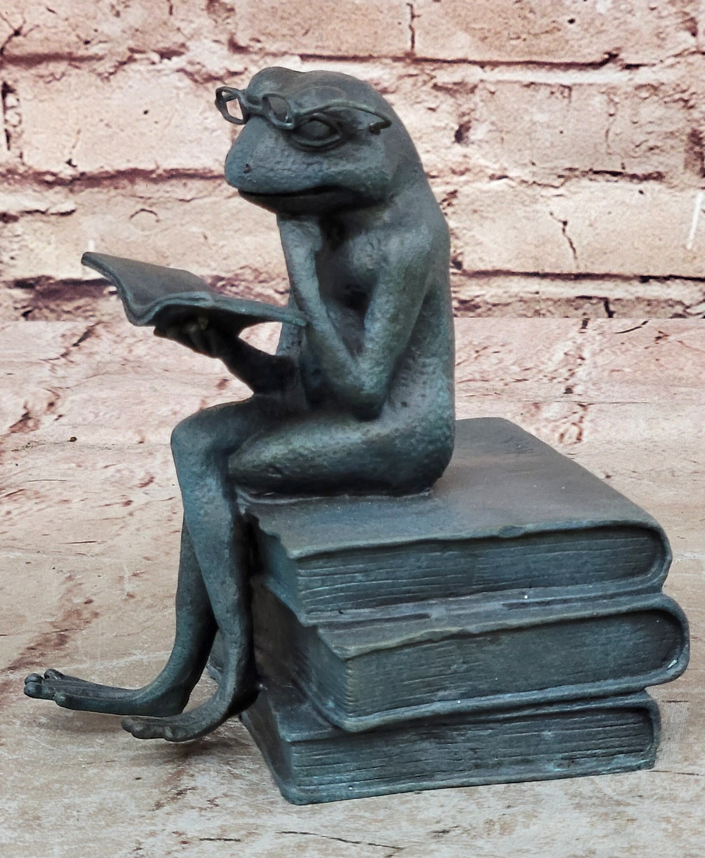 Original Frog Bronze Sculpture Figurine Green Patina Statue Library Office Decor