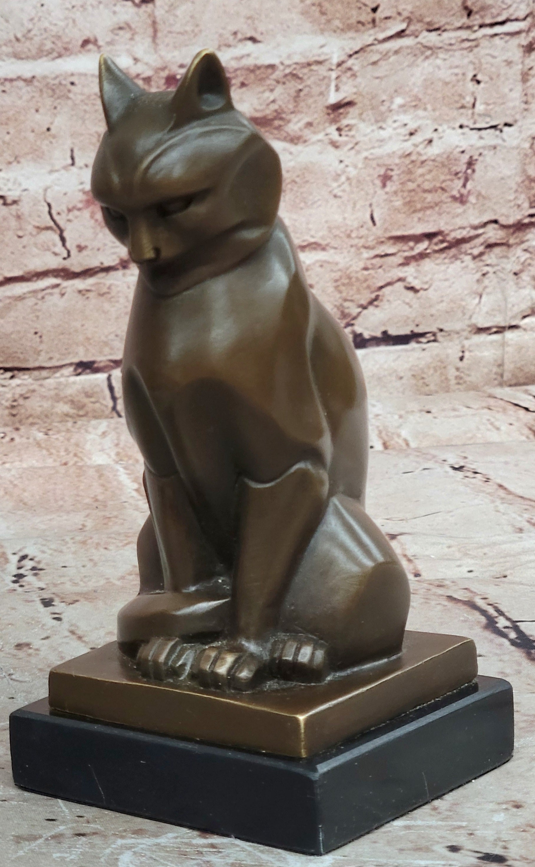 Geometric Cubist Bronze Cat Figurine Modernist Animal Art Home Decor