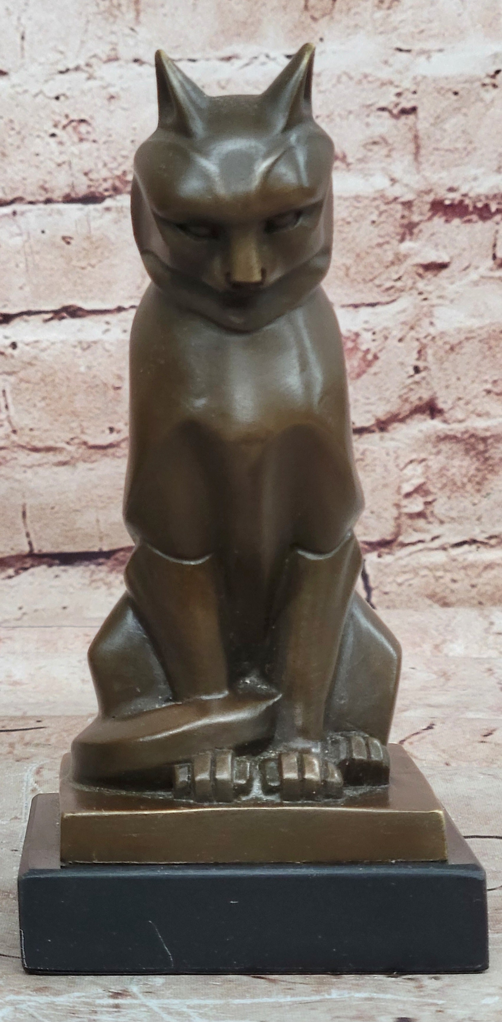 Geometric Cubist Bronze Cat Figurine Modernist Animal Art Home Decor