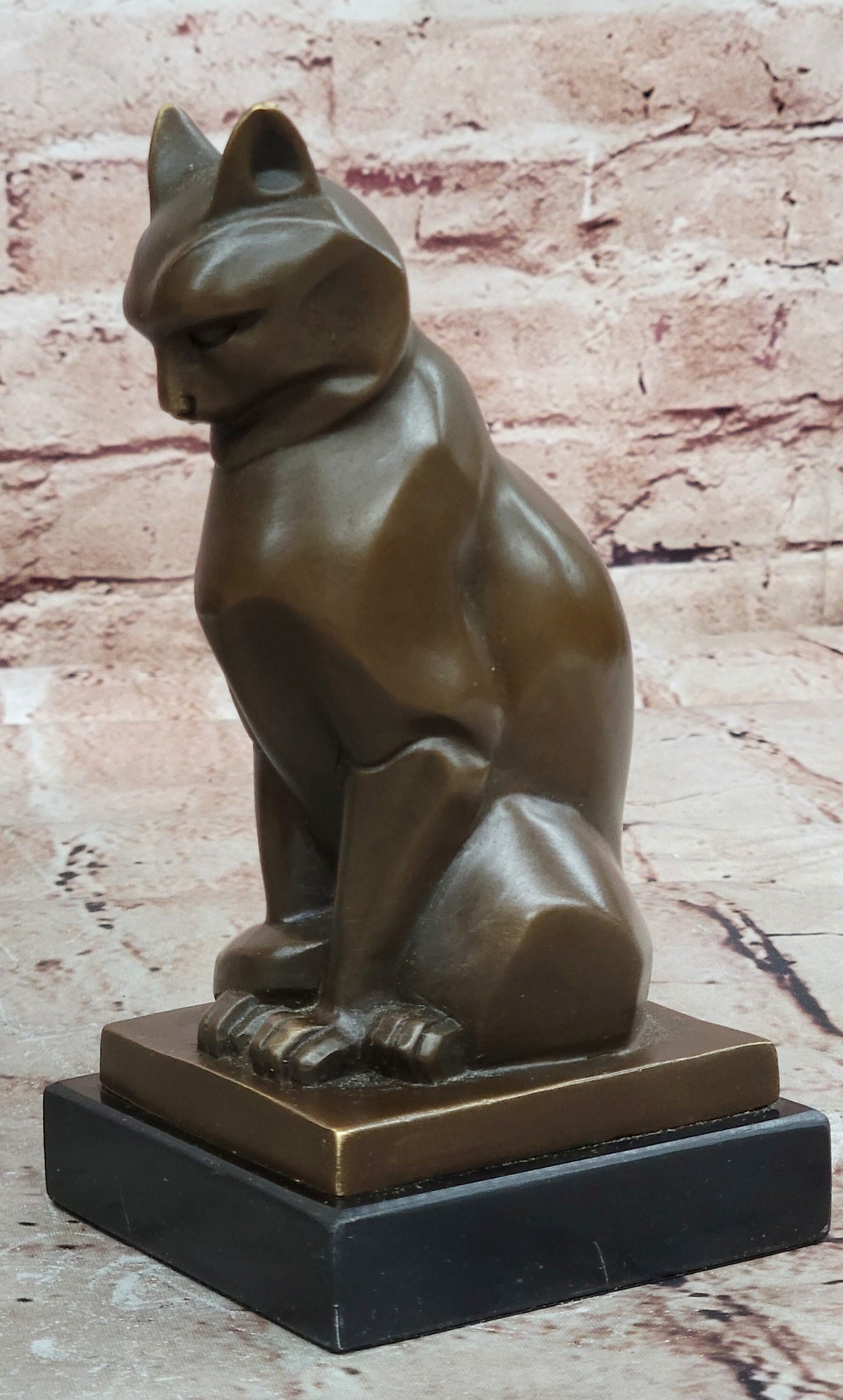 Geometric Cubist Bronze Cat Figurine Modernist Animal Art Home Decor