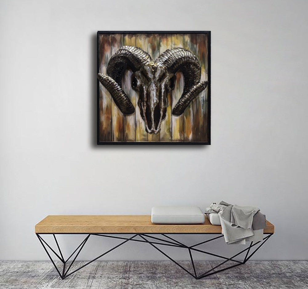 3D Oil Painting on Canvas Modern Art with Framed Cute Ram Head Animal Home Decor
