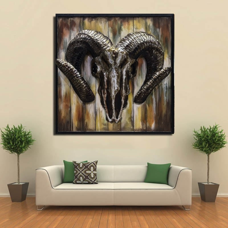 3D Oil Painting on Canvas Modern Art with Framed Cute Ram Head Animal Home Decor