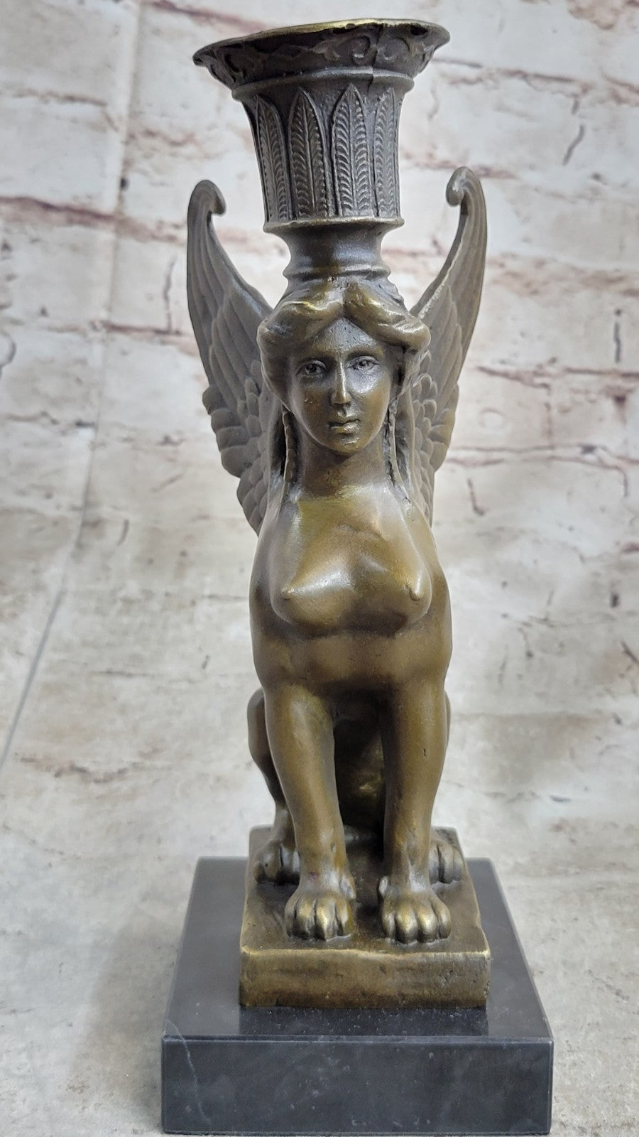 Art Deco Anniversary Nude Sphinx Female Egyptian Lion Candleholder Bronze Statue