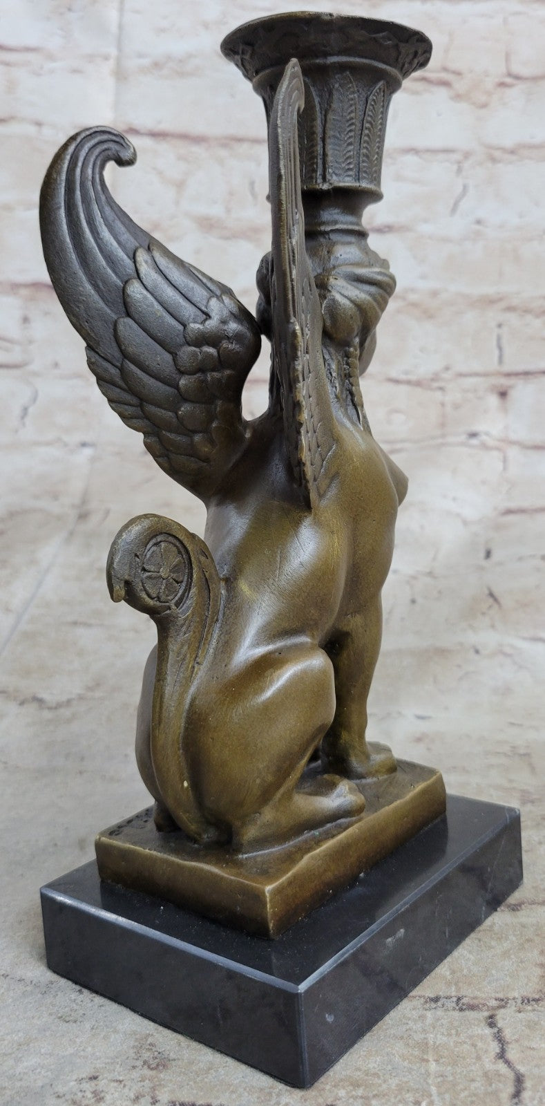 Art Deco Anniversary Nude Sphinx Female Egyptian Lion Candleholder Bronze Statue