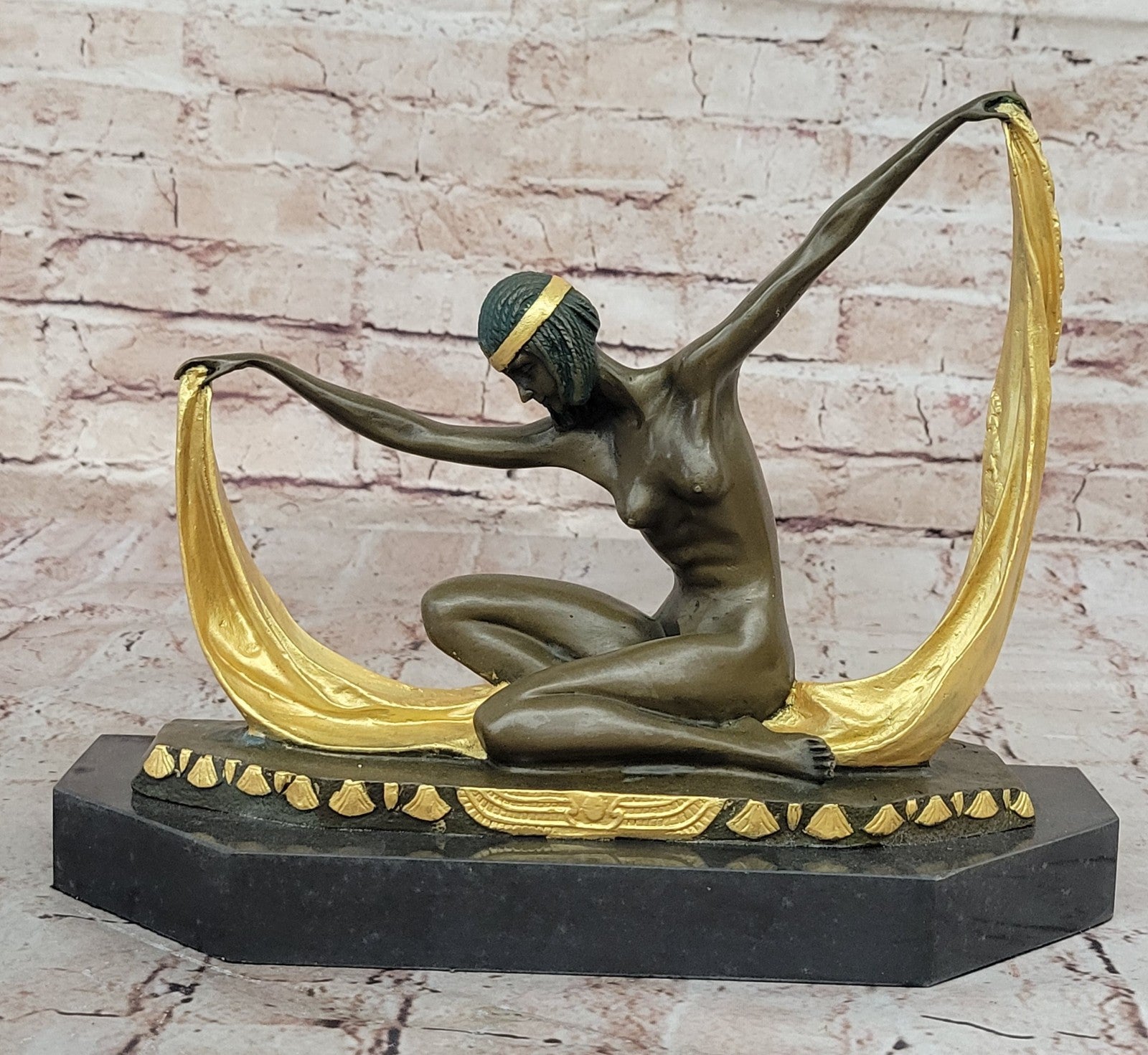 Nude Scarf Dancer Signed Bronze Marble Ballet Russe Folies Bergere Art Deco