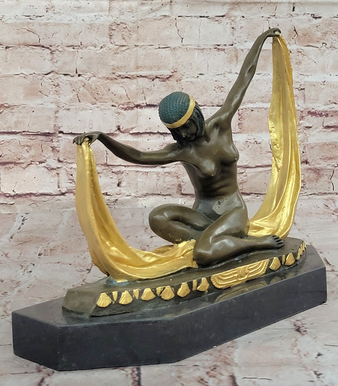 Nude Scarf Dancer Signed Bronze Marble Ballet Russe Folies Bergere Art Deco