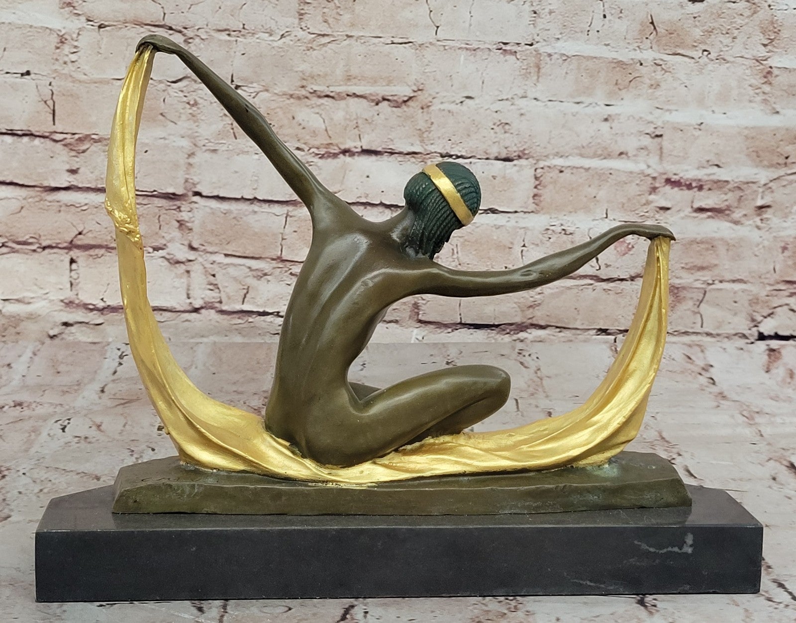 Nude Scarf Dancer Signed Bronze Marble Ballet Russe Folies Bergere Art Deco