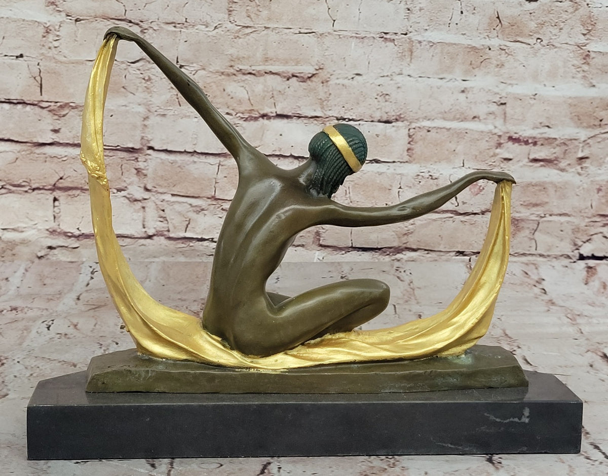 Nude Scarf Dancer Signed Bronze Marble Ballet Russe Folies Bergere Art Deco