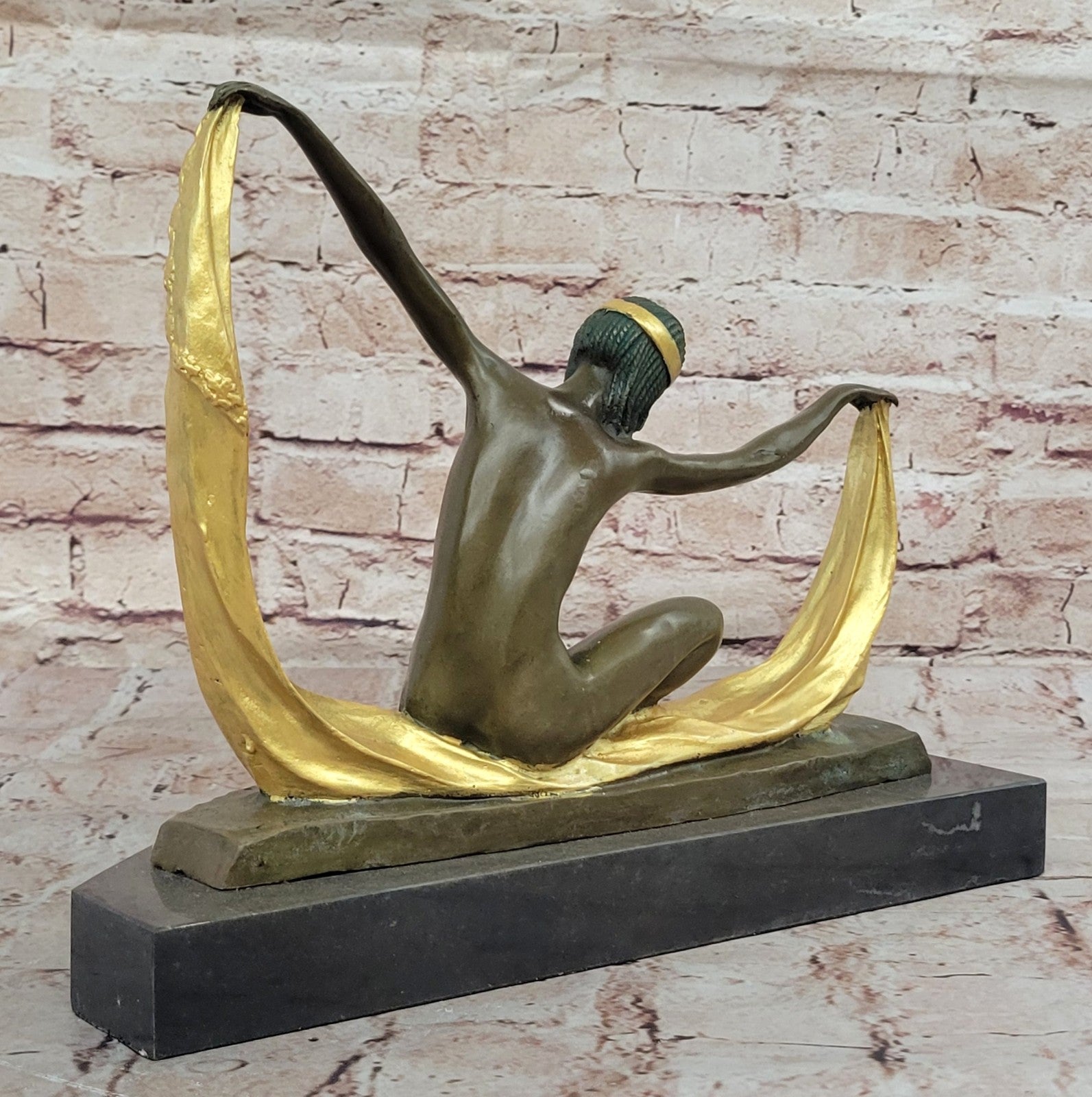 Nude Scarf Dancer Signed Bronze Marble Ballet Russe Folies Bergere Art Deco