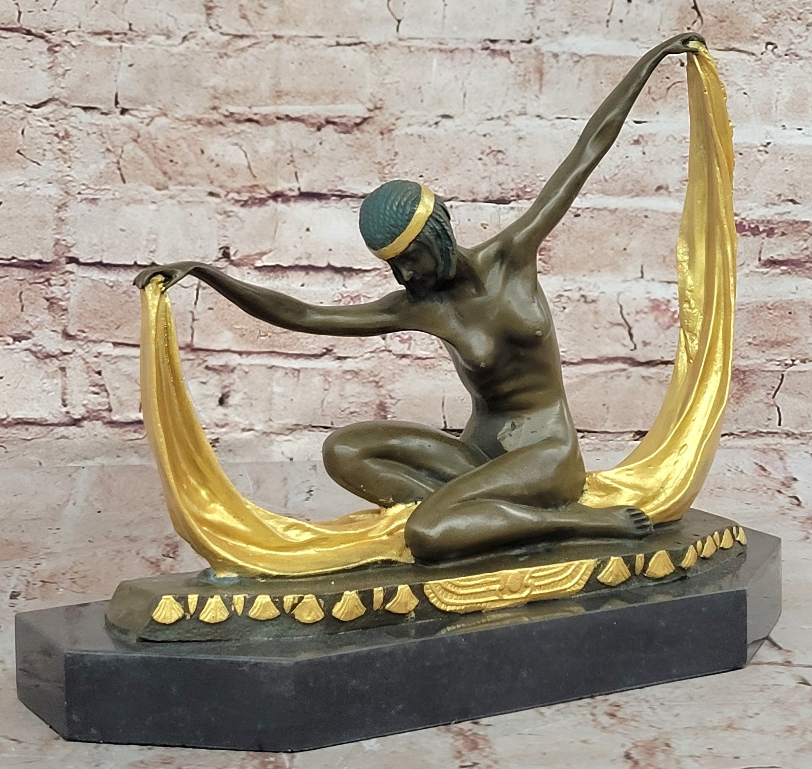 Nude Scarf Dancer Signed Bronze Marble Ballet Russe Folies Bergere Art Deco