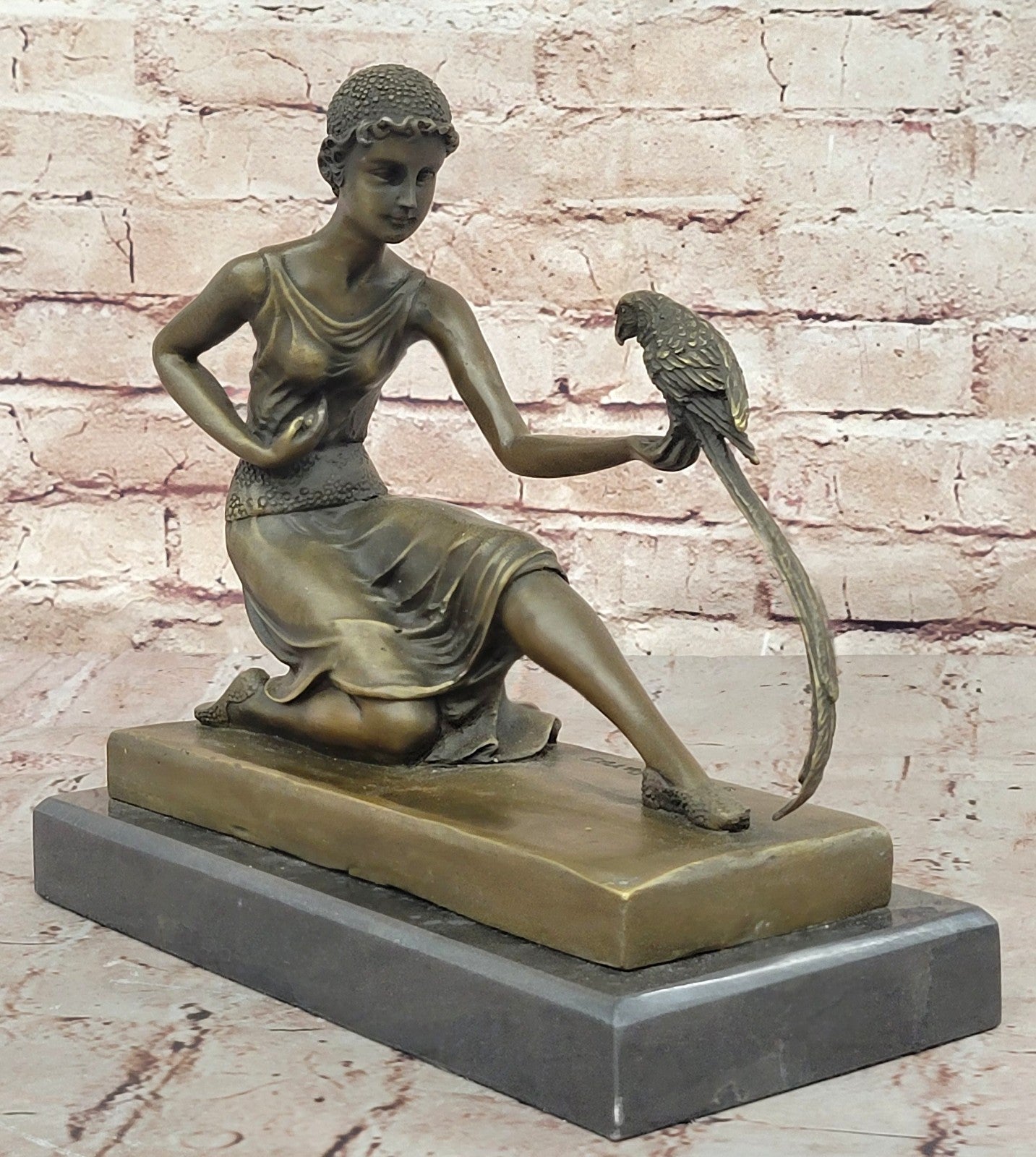 Handcrafted bronze sculpture SALE /Marble Parrot The And Lady Deco Art Chiparus