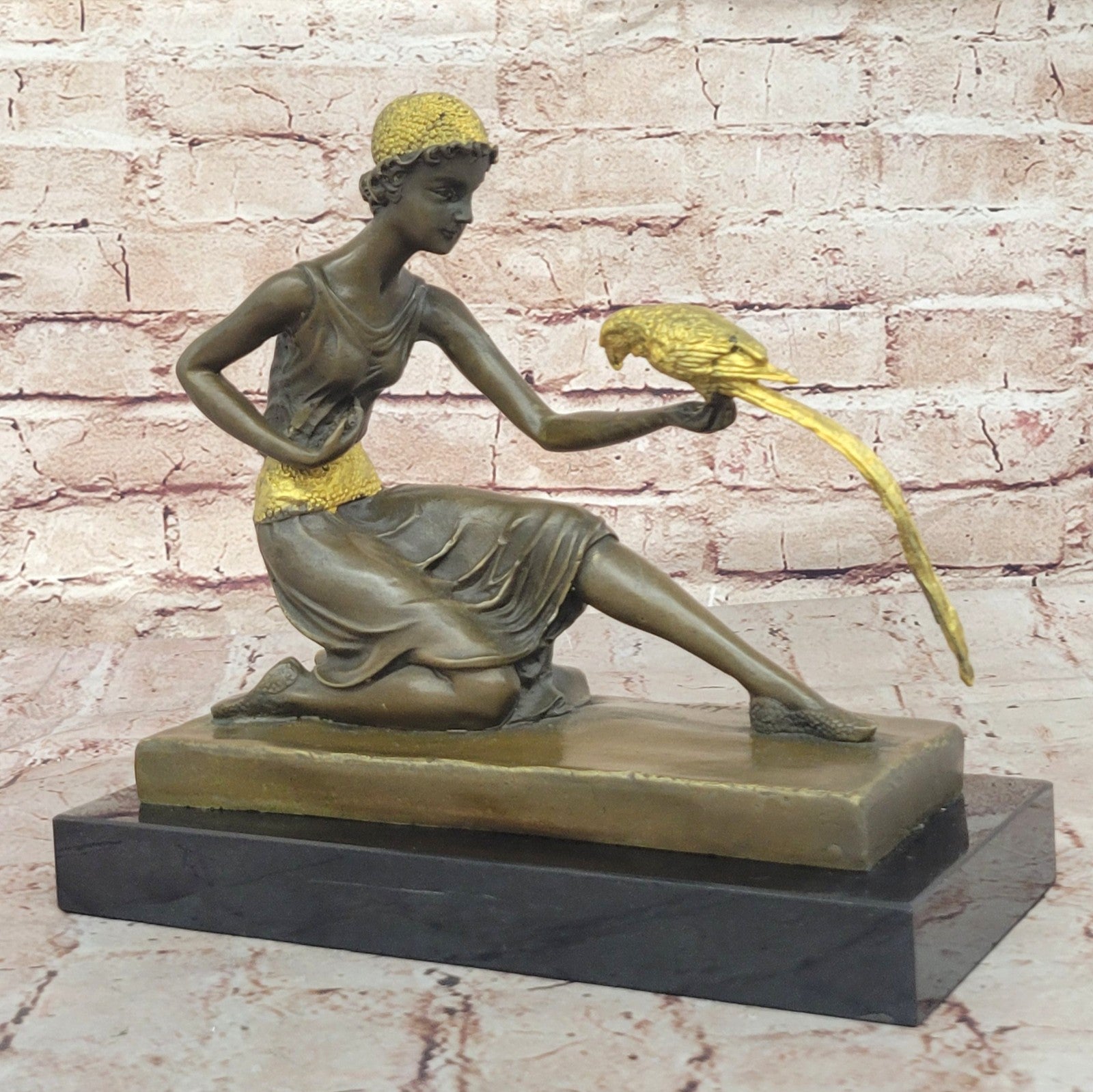 Handcrafted bronze sculpture SALE /Marble Parrot The And Lady Deco Art Chiparus