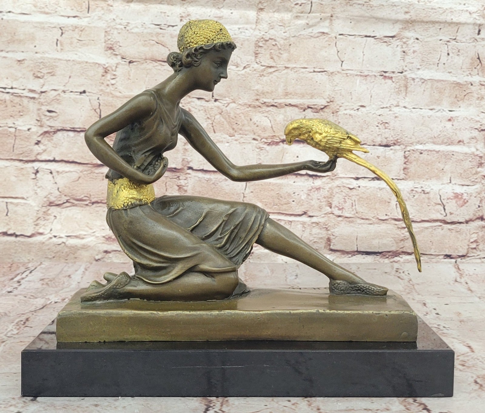 Handcrafted bronze sculpture SALE /Marble Parrot The And Lady Deco Art Chiparus