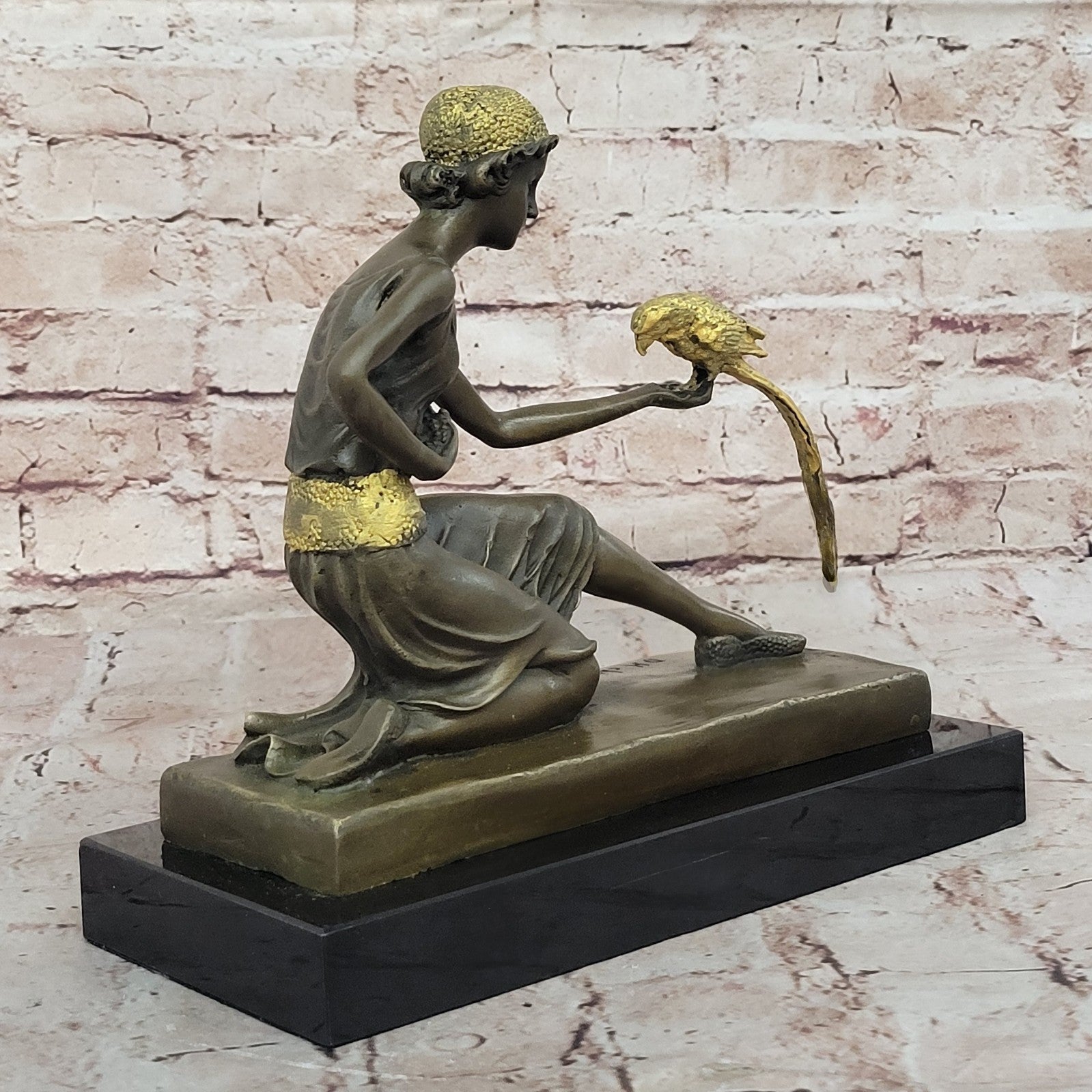 Handcrafted bronze sculpture SALE /Marble Parrot The And Lady Deco Art Chiparus